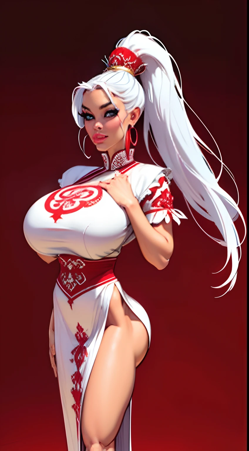 8K ultra hd, masterpiece, best quality, a beautiful girl, long hair, impressive hairstyle, royal hair jewelry, pretty cute face, flawless face, jewellery earrings, antique jewellery, details eyes, beautiful eyes, meticulous makeup, thin eyebrows, beautiful red lips, medium breasts, red mesh socks, thin red silk shirt with many white motifs, white lace shirt, long bangs and a long platinum red ponytail, realistic colors, magic effects, (gigantic breasts:1.4) Ancient hanfu background, look directly at the audience, standing, whole body capture,