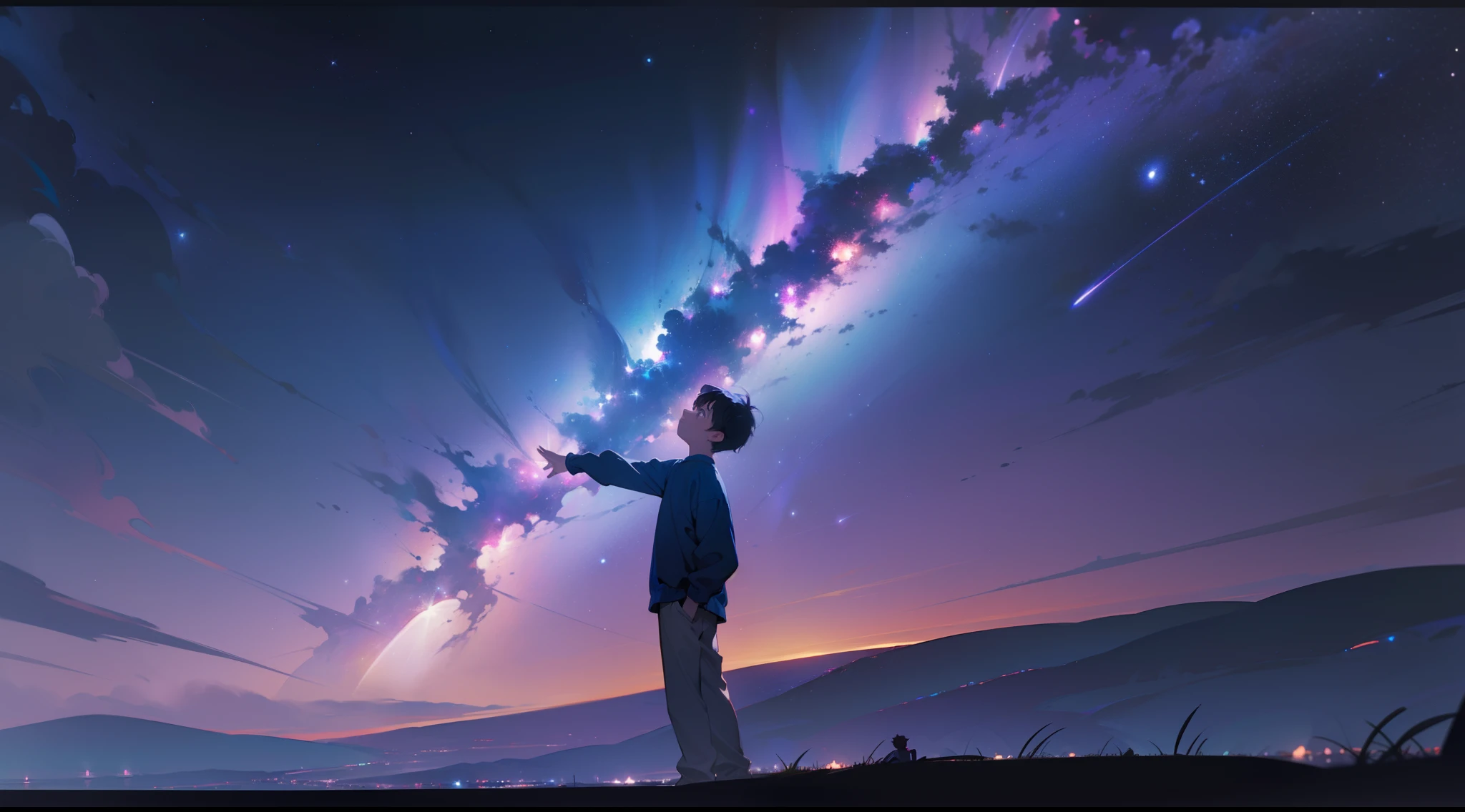 A lonely boy looking up at the sky at night time where the great milky way galaxy is visible in purplish blue color stretching over the horizon. A faraway shot. Cinematic. Wide angle. 4k.