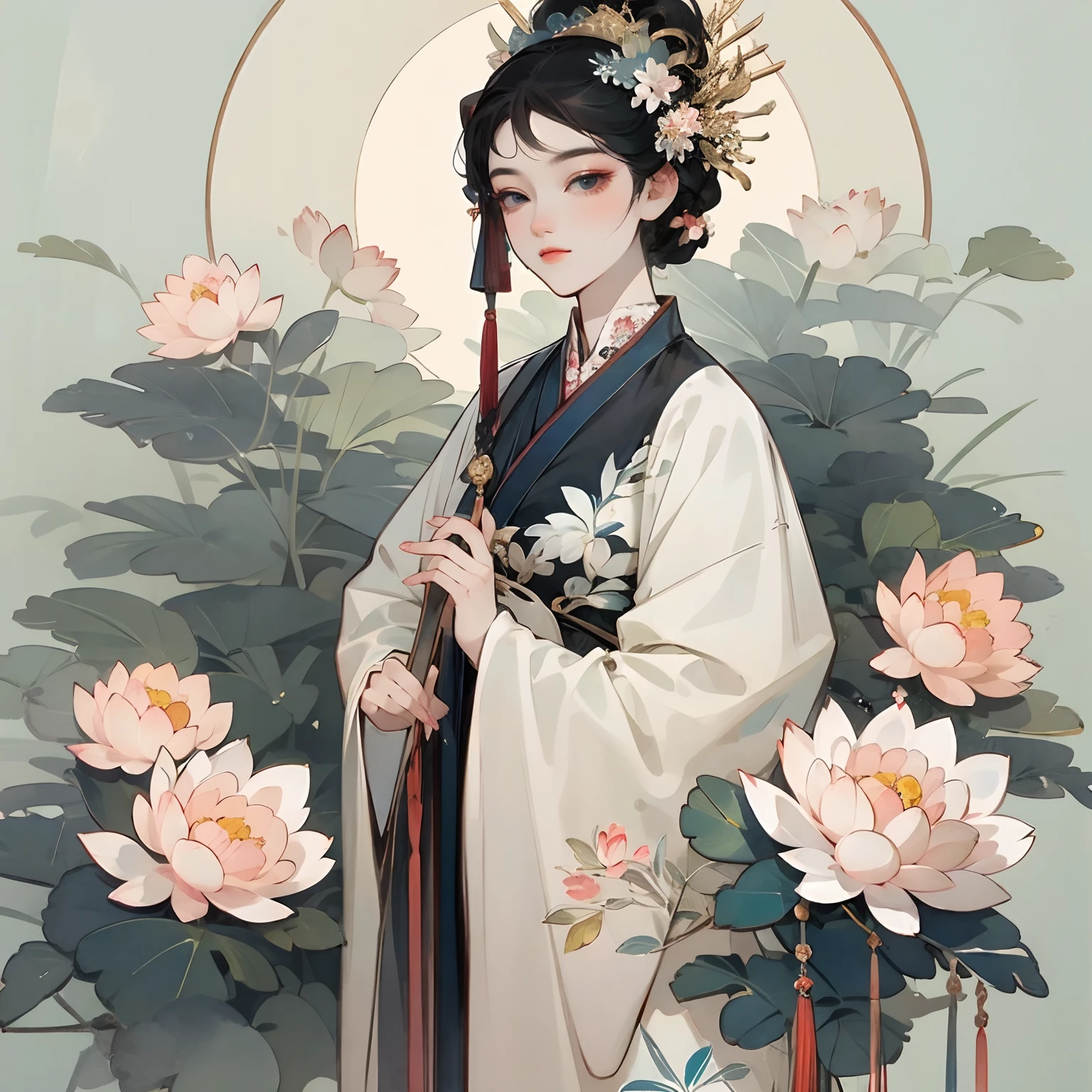 vietnam girl,Nhat Ping costume,Lotus art。in an art nouveau style,2D watercolor art,simple color,Peonies and clouds,flatcolors ,Gentle hesitant eyes,