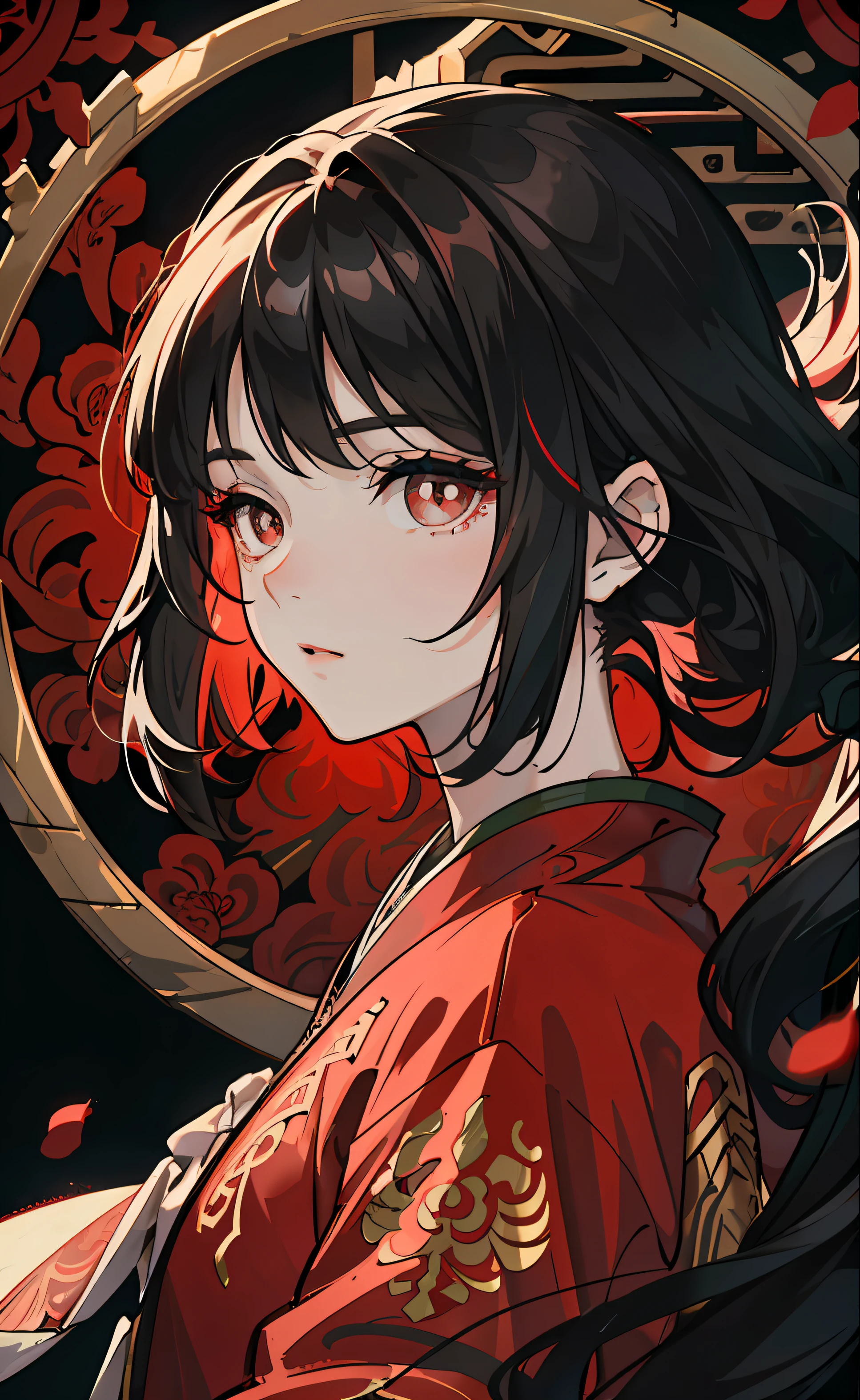 Mature girl, black hair, floating hair, delicate eyes, red pupils, heroine, black and red antique damask hanfu, FOV, f1.8, masterpiece, complex scene, gorgeous portrait shot