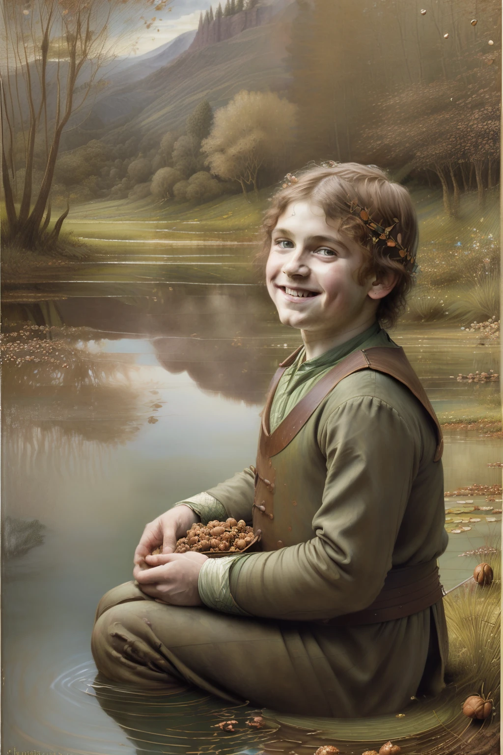 (((Pre-Raphaelite painting of a happy little Celtic boy covered in hazelnut leaves eats hazelnuts on the edge of an enchanted lake, paisagem celta)))