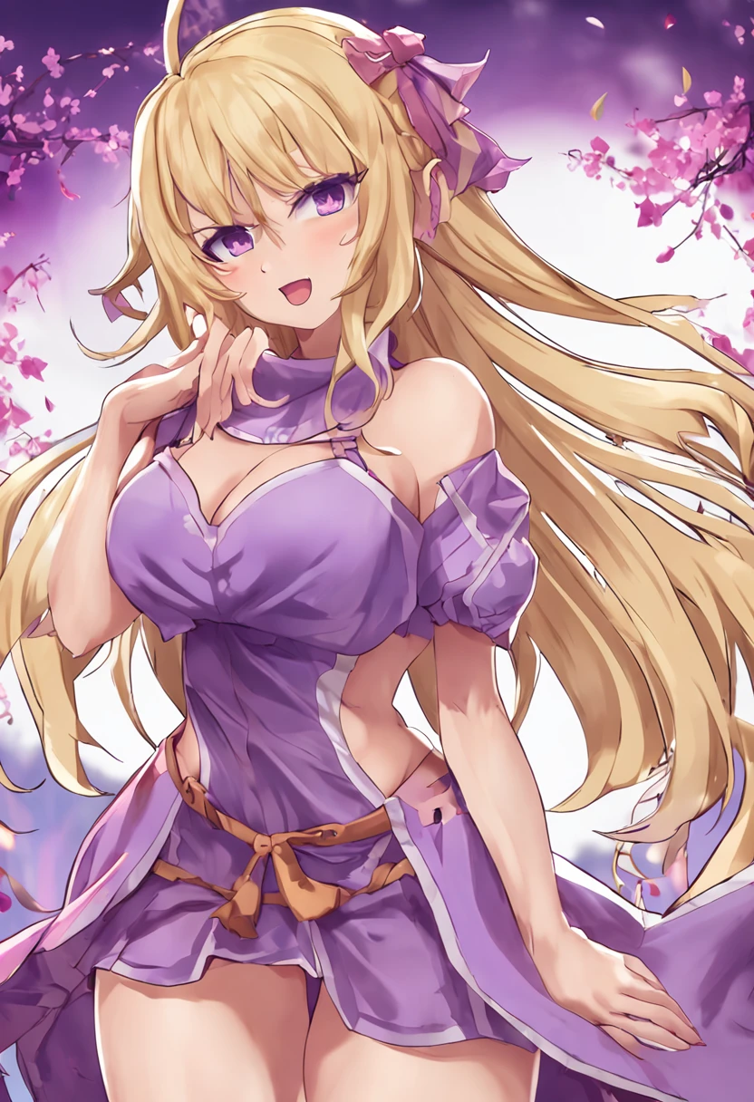 anime, absurdres, high detail, long hair, blonde hair, female, purple eyes, naked tabard, thick thighs, large breasts, seductive, tall, beautiful, best quality, Yukari Yakumo touhou project, mature, nsfw