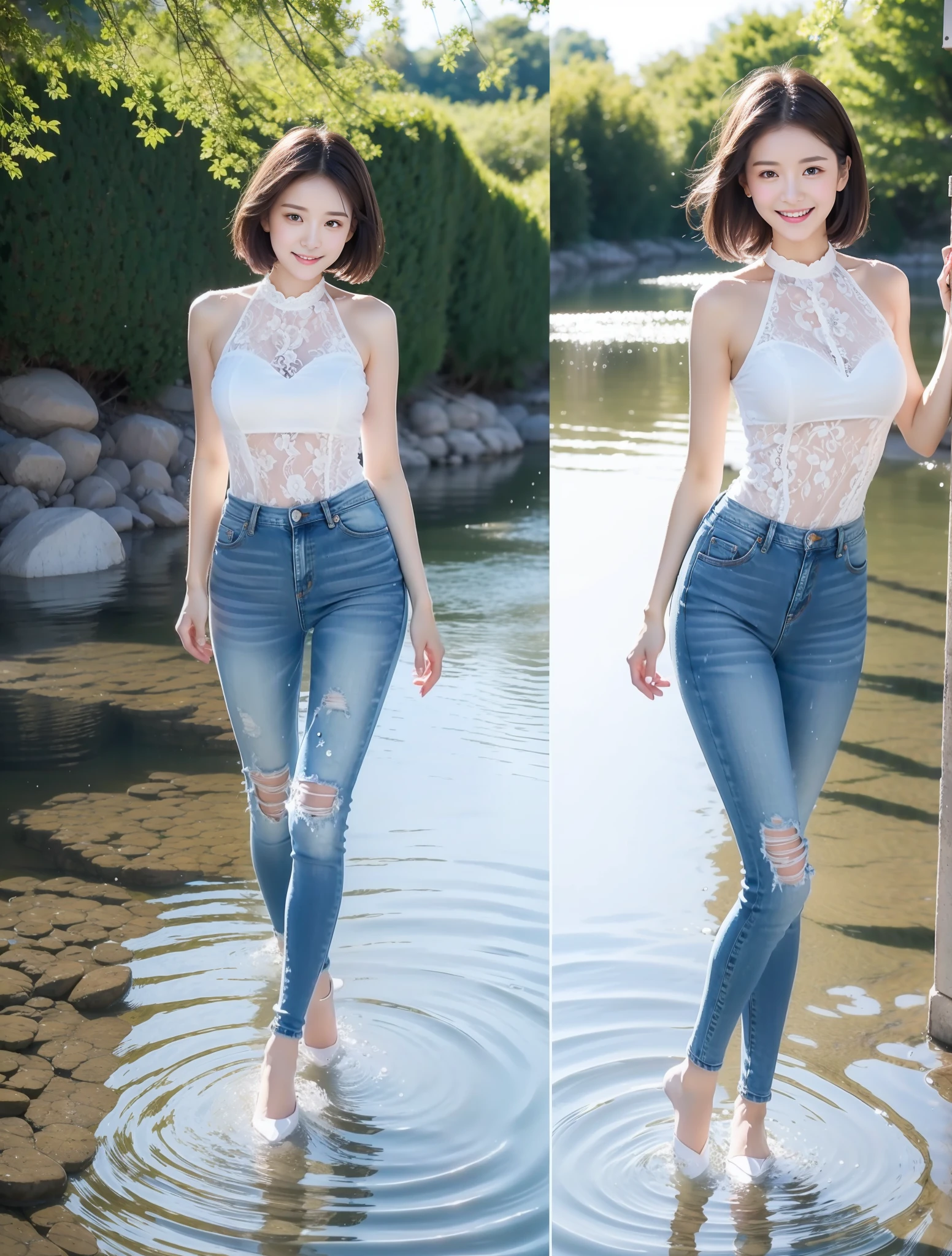 tmasterpiece,hyper HD,1 A beautiful woman by the river,Wear lace floral neckline skinny shirt blue jeans,Happy frolicking in the water,The costume is wet,Fit snugly on the body,detailed outfits:1.5,short detailed hair,Delicate hair,Wet hair:1.5,Water droplets hang on fair skin:1.2,Detailed river water,the river is crystal clear:1.5,Full body photography:1.8