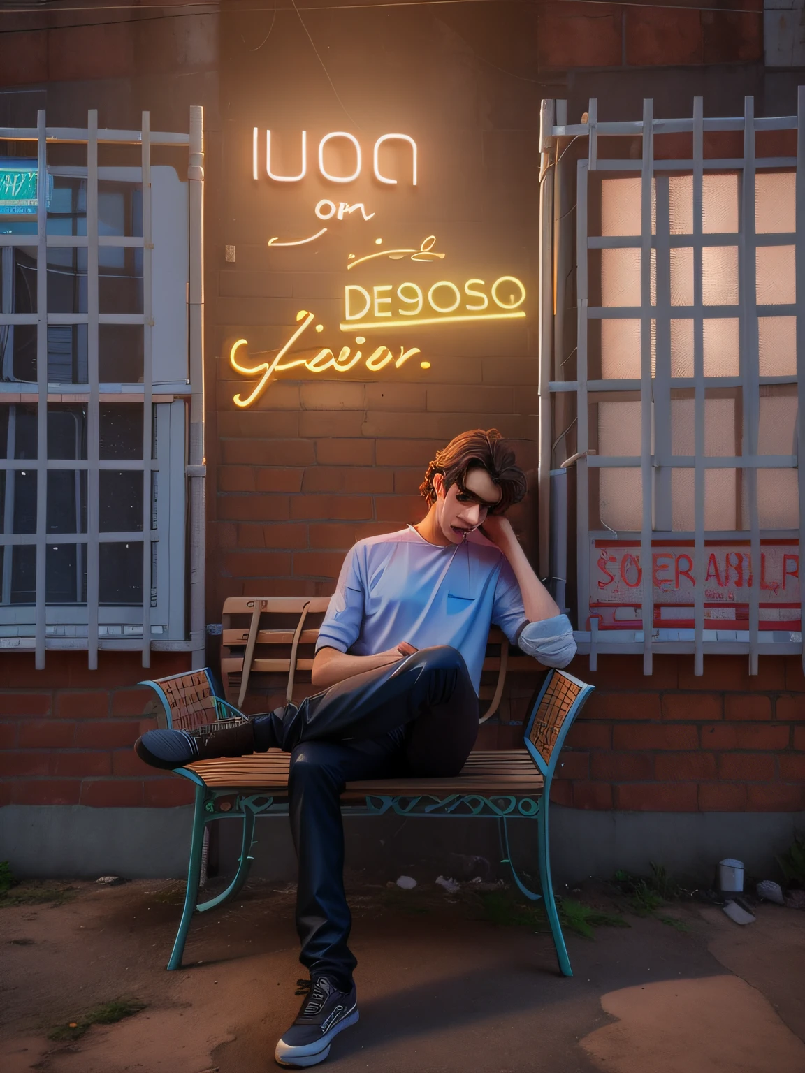 There's a man sitting on a bench with a neon sign, with neon signs, Directed by: Nandor Soldier, by João Artur da Silva, Directed by: Elsa Bleda, neon signs, inspired by Antonio Parreiras, by Antonio Parreiras, com luzes neon, neon sign, Photo Session