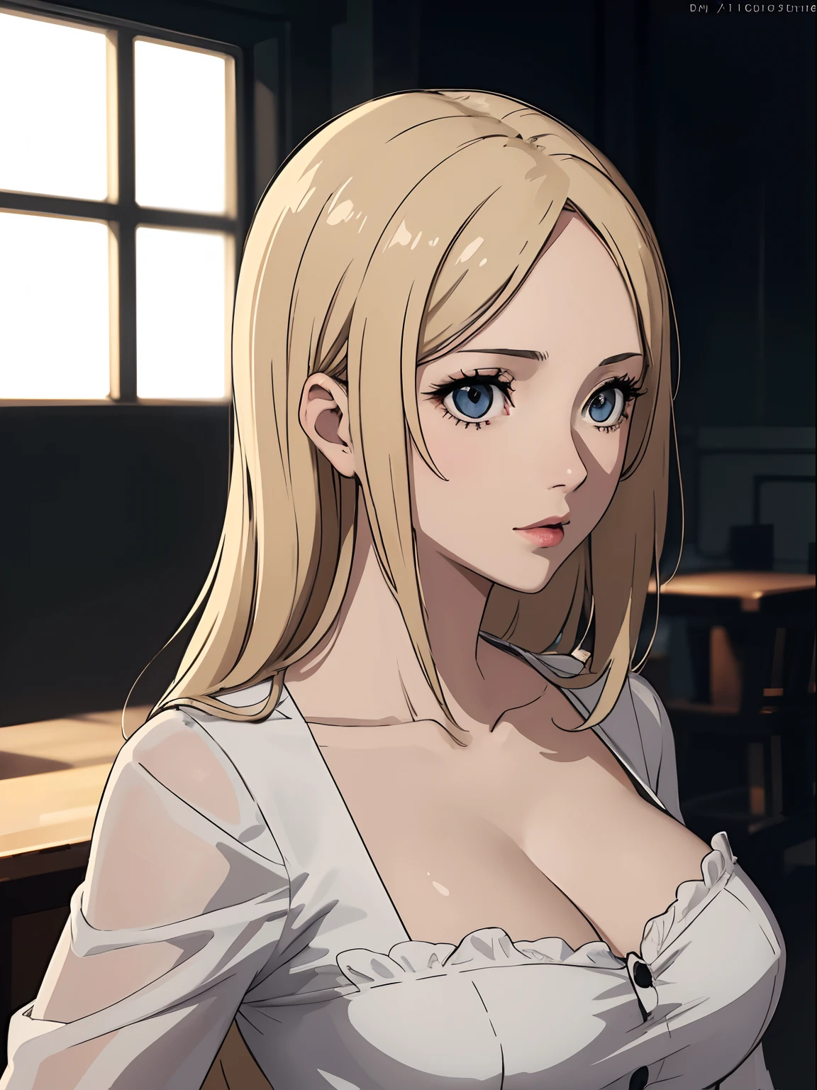 Best quality, masterpiece, ultra high res, 1girl, sexy, in the dark, deep shadow, low key, cold light, milf, blonde, dynamic light, cinematic lighting, cinematic lighting, down blouse, mature woman, hair length slider, middle parted hair