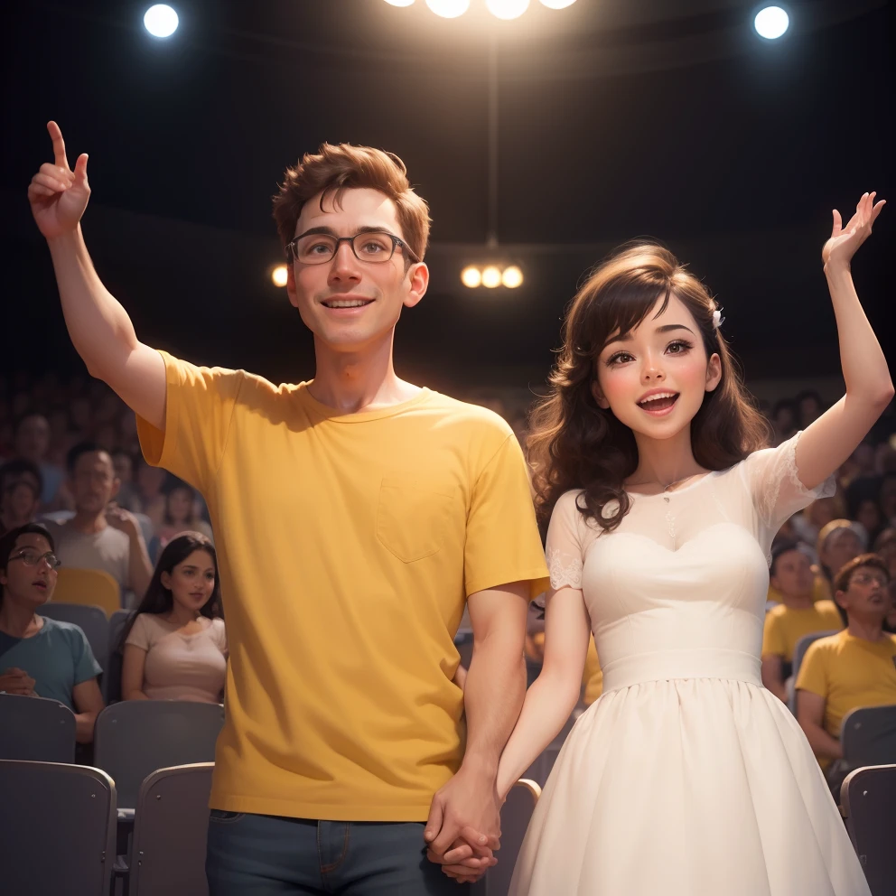 Criar plano de fundo, desenho estilo Pixar, com um casal, are husband and wife, They're in a children's theater, very happy and vibrating, standing ovation and proud
