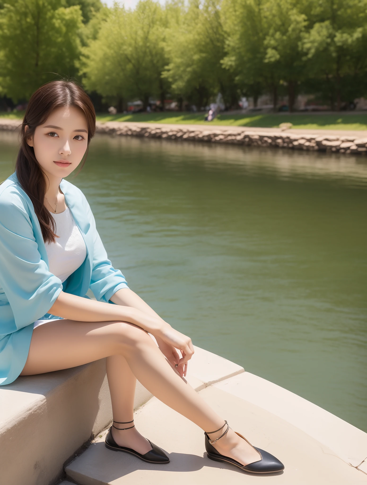 High quality，1 beautiful woman，Sit by the river and take pictures
