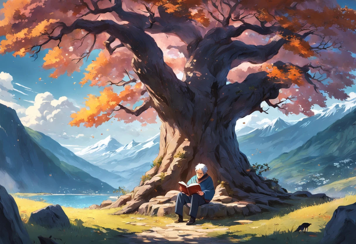 an old man under a tree reading a book, Clear landscape, 8k, cara pixart legal,
