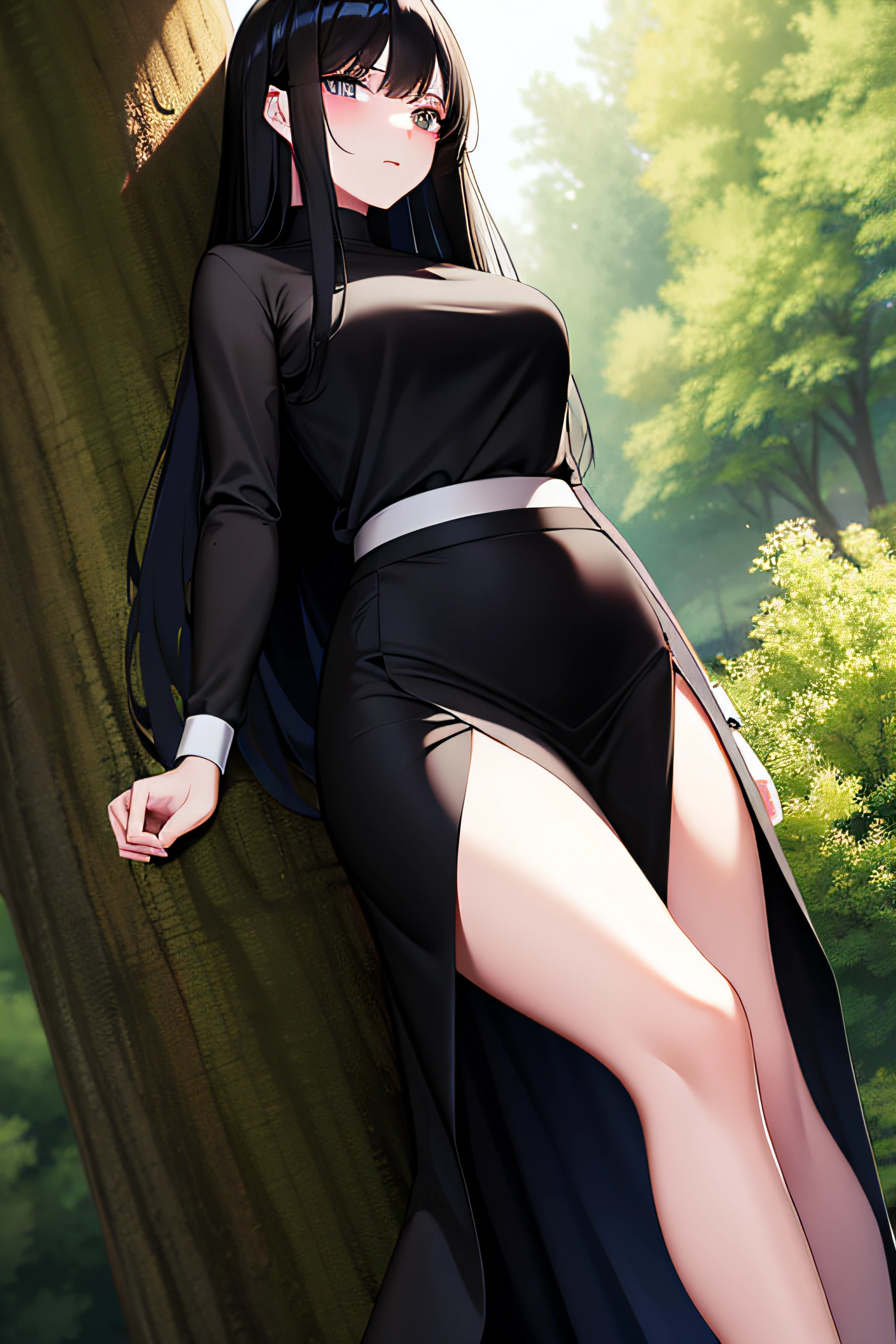 black long straight hair,grown woman,Quiet,Wear a transparent skirt,Under the big tree