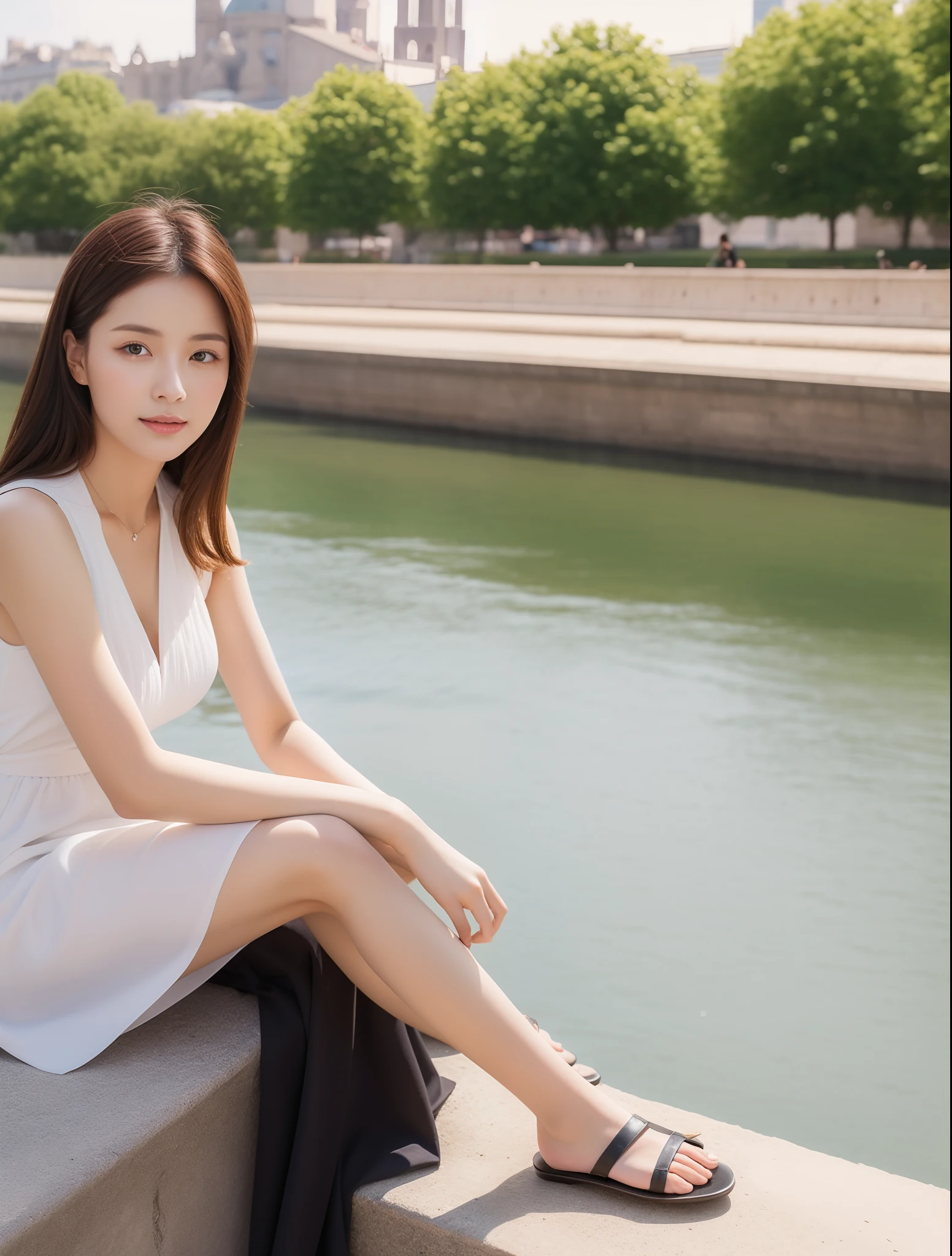 High quality，1 beautiful woman，Sit by the river and take pictures