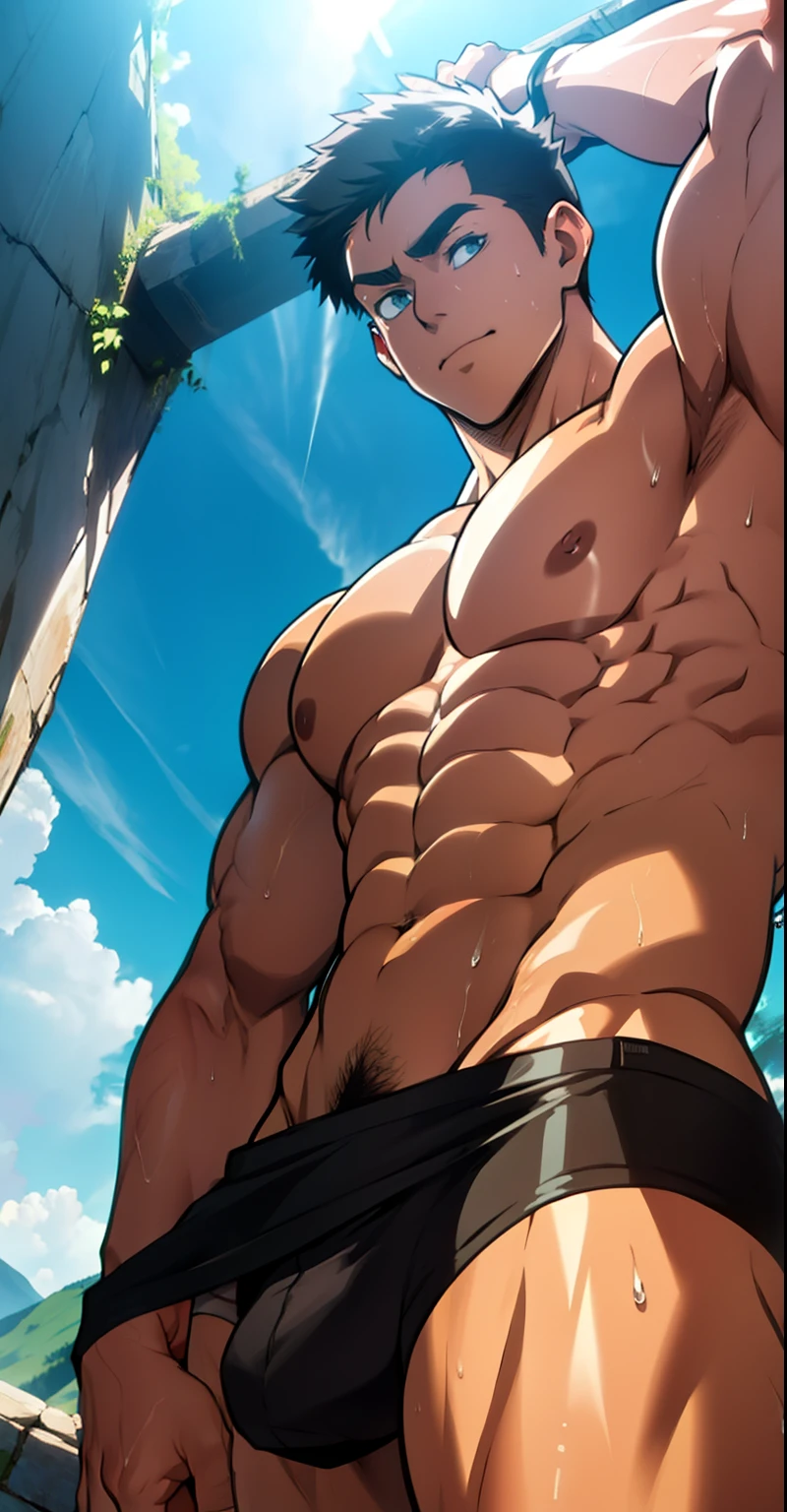 (straight angle) (highest quality photo) age boy, no beard, wearing tight triangle panties, short black panties that reveal huge muscular thighs, briefs bulging in the middle due to his suit erect genitals, cute young face, cute young face, hair covered with eyes, giant muscular pectoral muscles, big strong thighs, sinewy muscles, muscular arm muscles , huge body, topless, rosy skin, super shiny skin, dripping sweat, one hand scratching his head, bright sunlight shining directly (photo angle from below)