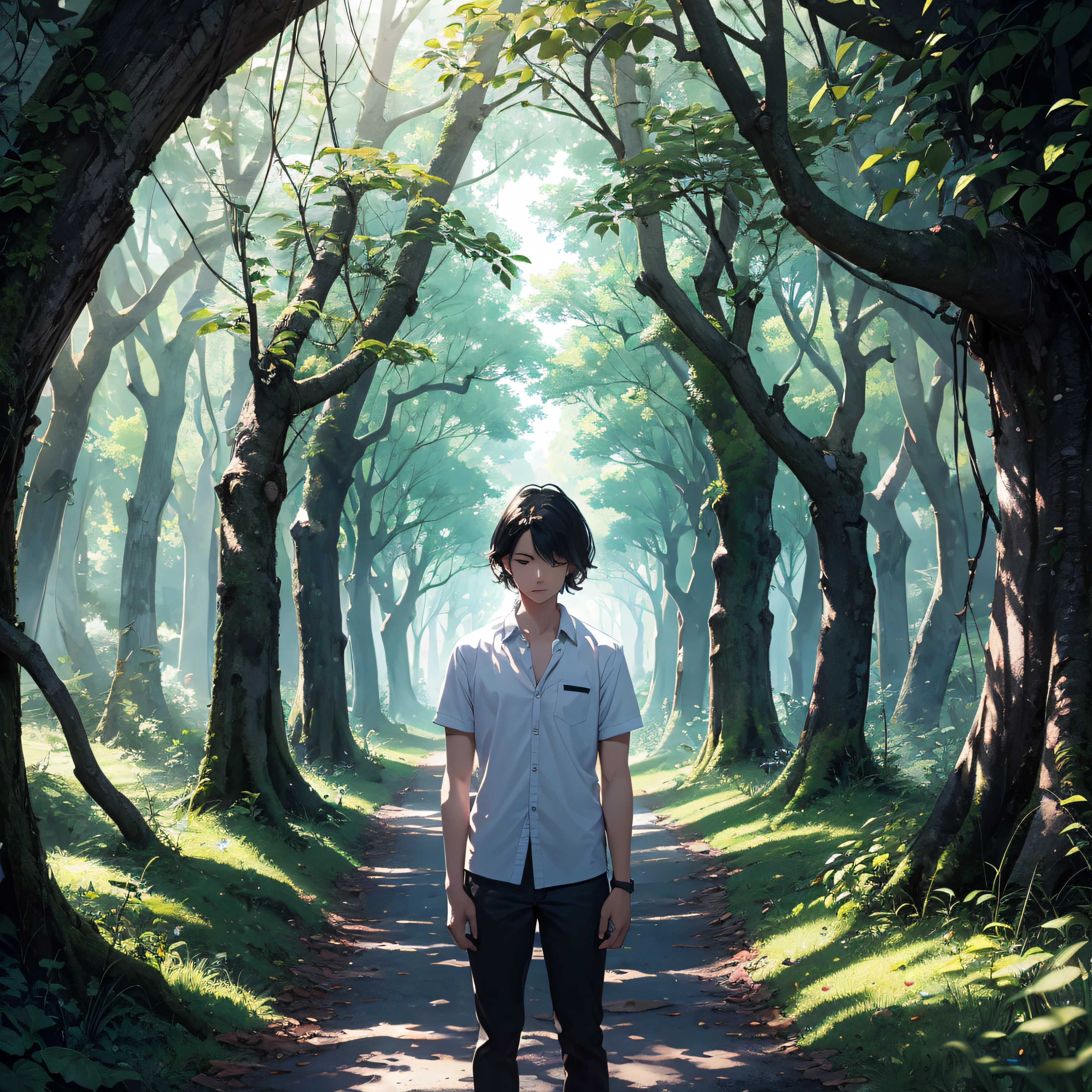 absurdres, highres, ultra detailed, standing young man, black hair, white shirt.
BREAK
, Create an image using a prism effect, with light refracting and creating a colorful, kaleidoscopic appearance.
BREAK
, Design an image with a fisheye lens effect, capturing a wide field of view with a distinctive, curved perspective.
BREAK
, Capture a forest path, with towering trees, dappled sunlight, and a sense of tranquility and natural beauty.
BREAK
, Illustrate a monochromatic world, using only shades of black, white, and gray to convey depth, emotion, and a striking visual impact.