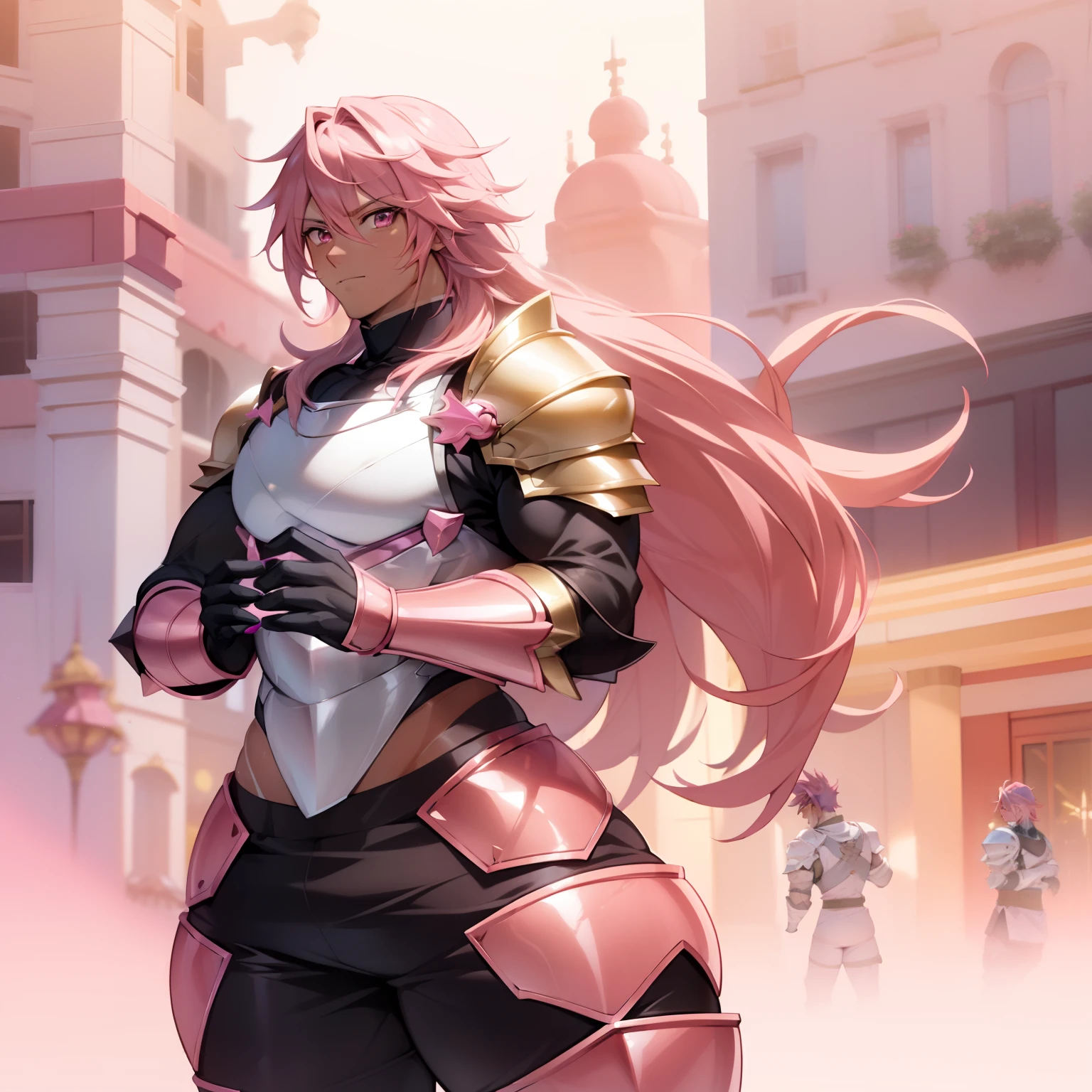 Anime, ((Solo 1Male)),((Long, hot Pink hair)), ((tanned Skin:0.e)), Knight, ((Pink Armor with gold accents)), Handsome, thick thighs , Crusadermon, Massive Thighs, huge ass