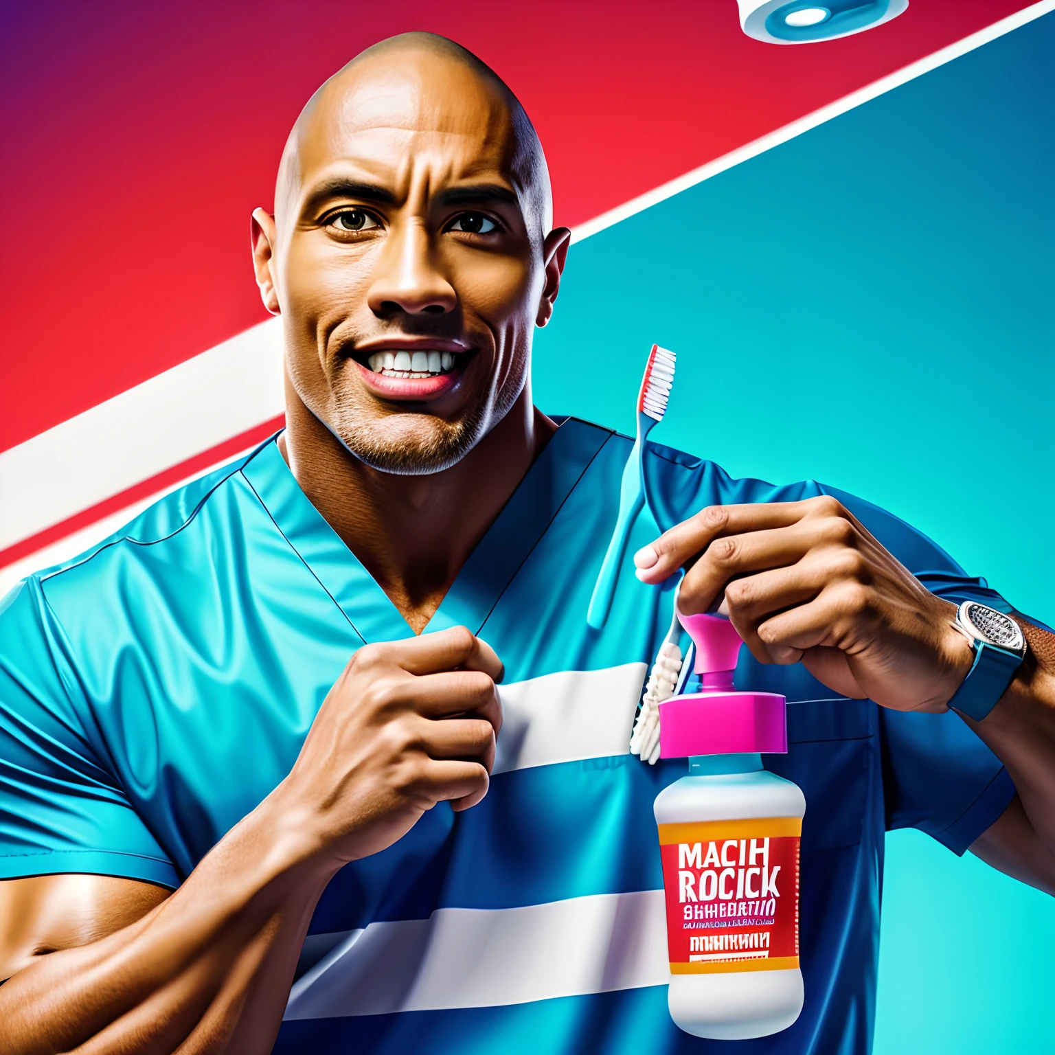 The Rock holding a toothbrush & a mouthwash in hand, inside of a dental hospital, miami vibe,bright color, detailed, movie lighting, brand poster, 4k, hyper realistic, studio photo