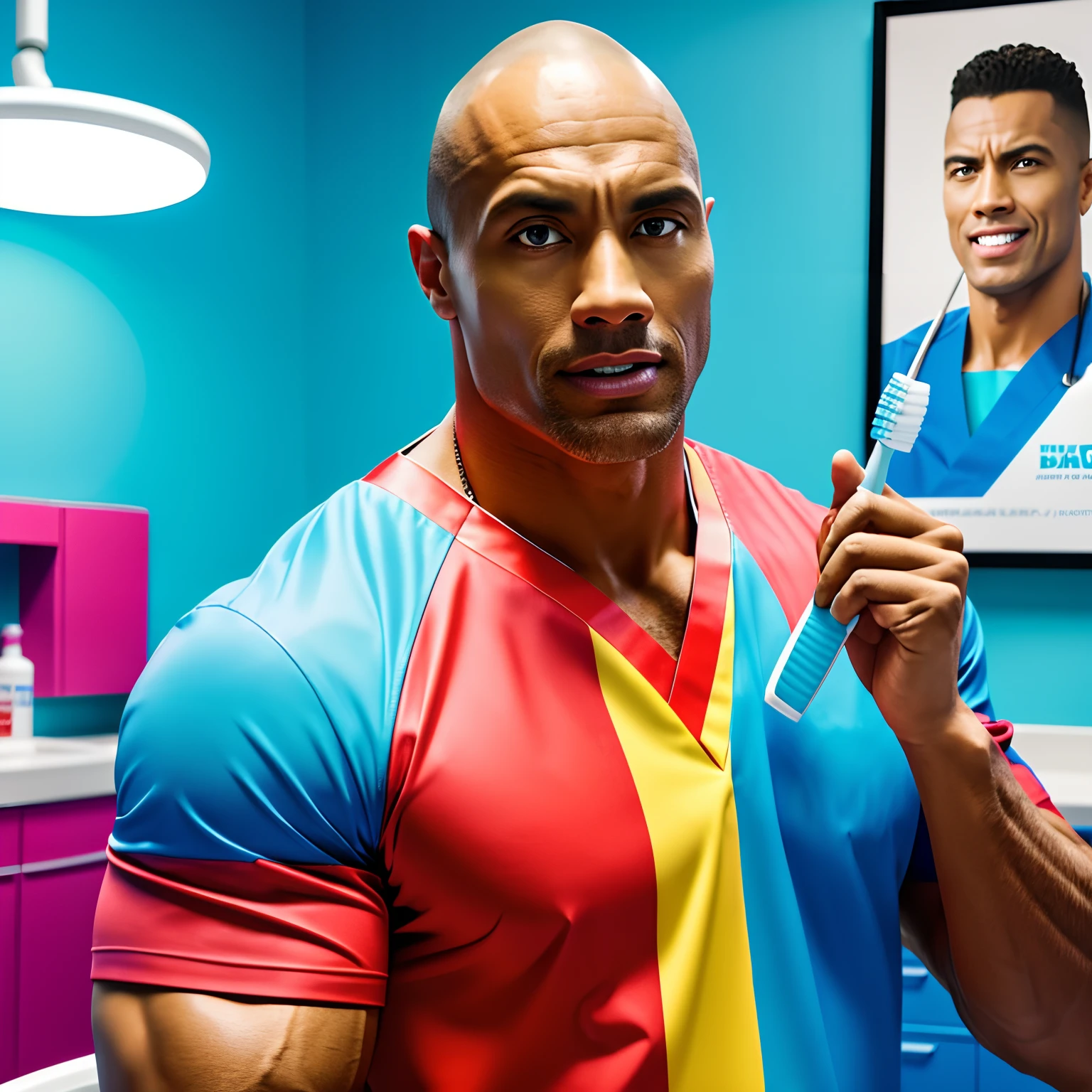 The Rock holding a toothbrush & a mouthwash in hand, inside of a dental hospital, miami vibe,bright color, detailed, movie lighting, brand poster, 4k, hyper realistic, studio photo