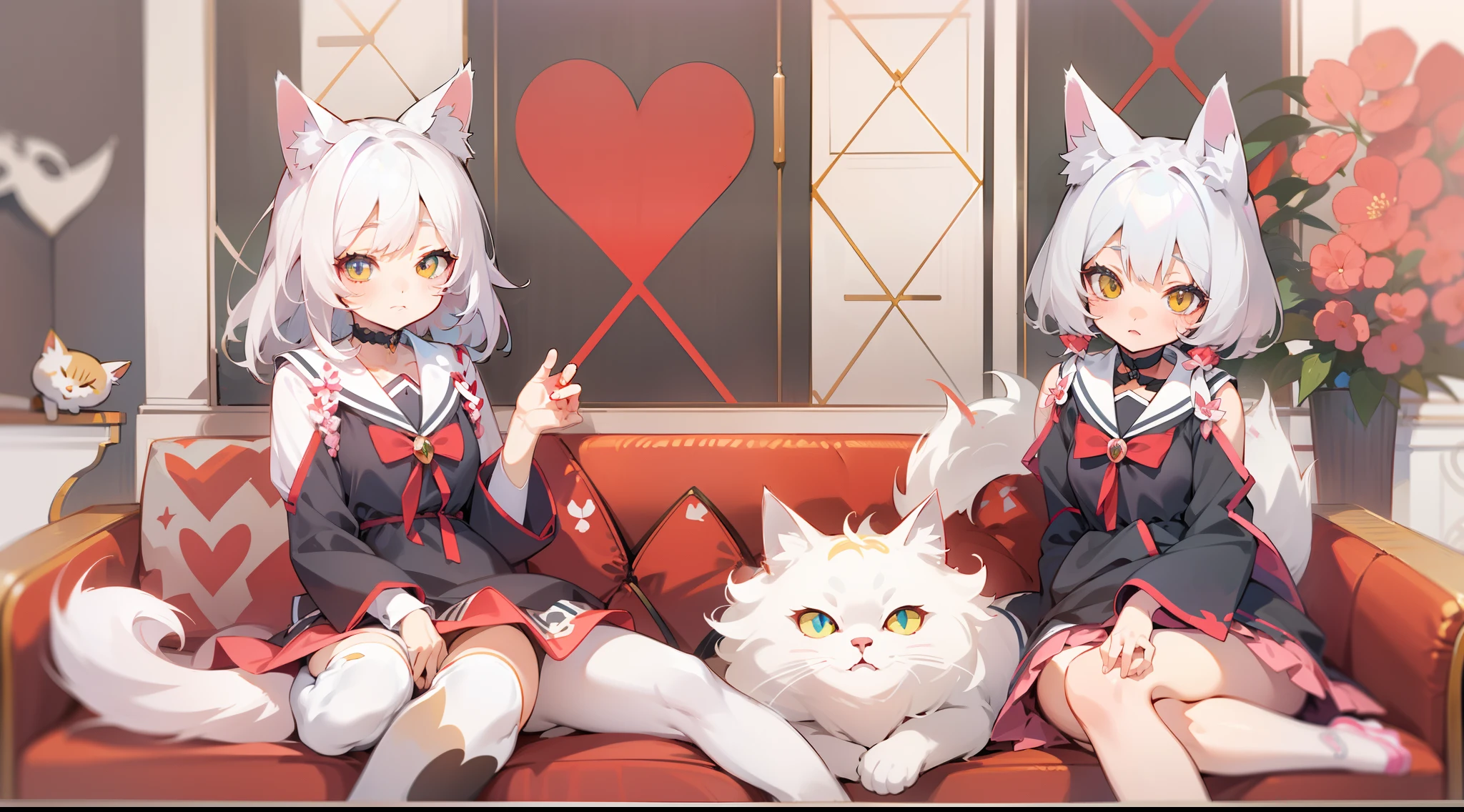 1
Anime girl sitting on red sofa,legs crossed, White Cat Girl, cute anime catgirl, Very beautiful anime cat girl, beautiful anime catgirl, White-haired fox, anime catgirl, anime girl with cat ears, anime cat, anime moe art style, white fox anime, trending on artstation pixiv, nekomimi, style of anime4 K