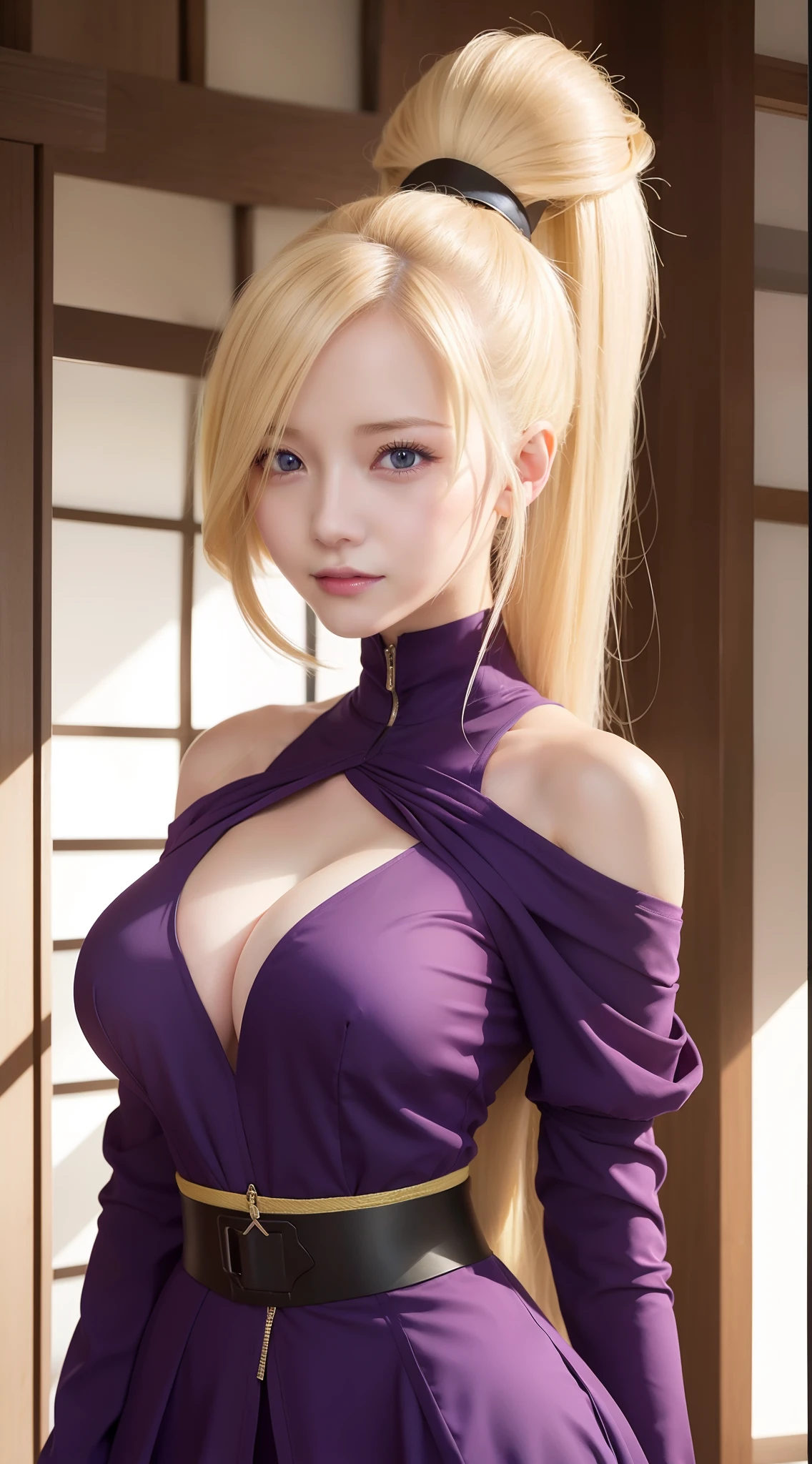 1girl, yamanaka ino in anime naruto, long hair, sexy dress, yellow hair, blue eyes, smile, beautiful, purple clothes, very big breast, sexy clothes, realistic clothes, detail clothes, indoor background, ultra detail, realistic