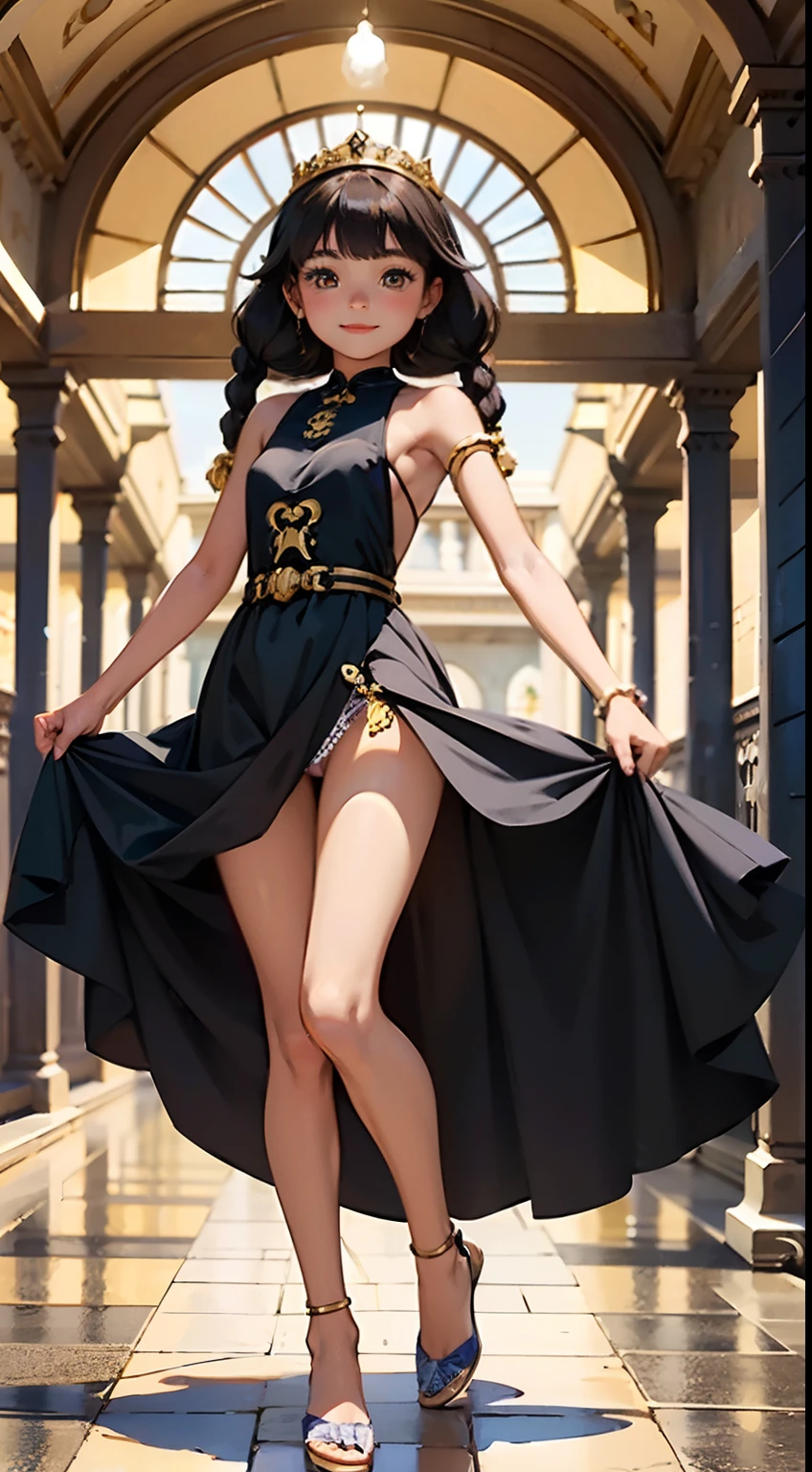 1girl,,smile,beautiful face,anime detailed, sideboob,black young princess sisters with hair braids and almond shaped eyes, dark brown skin, full body wearing yellow princess dress, 8k, high quality, high resolution,16k,8k, 4k, hd,(well designed body), amazing body, (super detailed), beautiful eyes, cartoon,(gorgeous and luxurious palace:1.3),short skart,show off panties,(lift skart),(race panties)