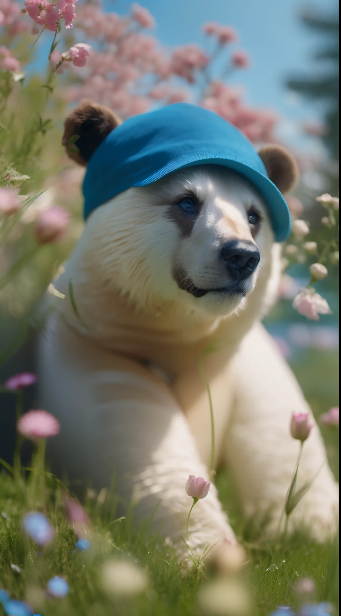 Realistic bear With blue eyes, Sitting in the grass among the flowers, Very high-quality photo, professionally staged light, on a street with clear weather, blue cumulus clouds in the sky, very beautiful, an awesome landscape against the background, A still from a movie with chromatic aberration, add a bokeh effect and a slightly blurred background, multi-colored particles float in the air, film grain, 8k, super detail, macroLens