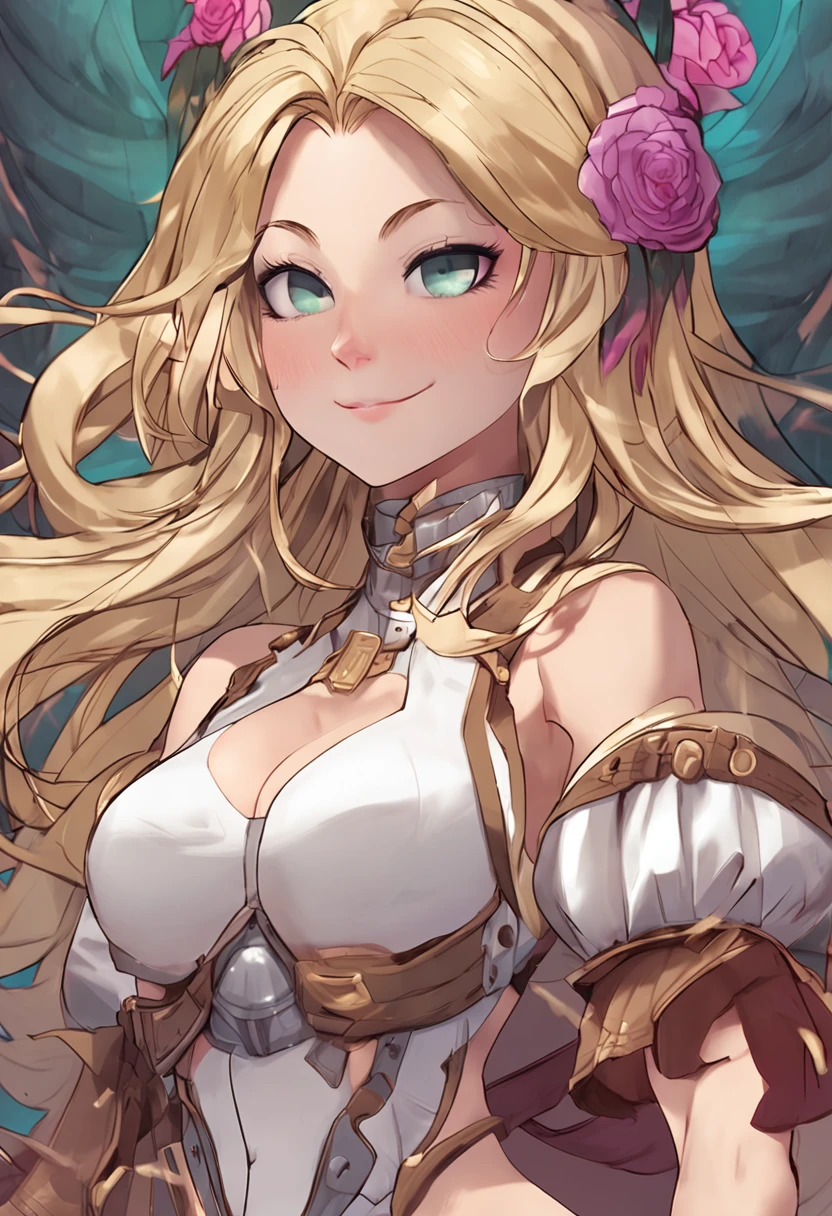 "Anime-inspired, high-detail artwork, featuring a seductive and mature female character with long blonde hair, captivating purple eyes, and a tall stature. Emphasize the alluring attributes of thick thighs and large breasts. Ensure the artwork is of the best quality, showcasing absurd levels of detail
