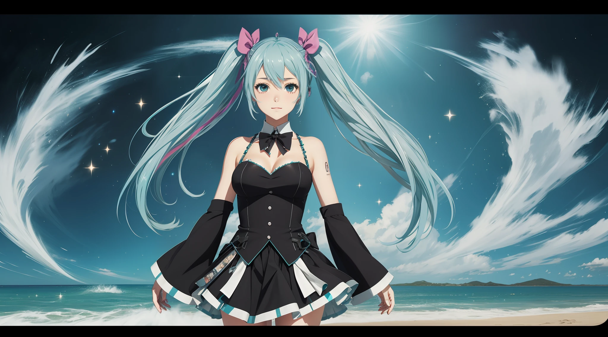 Big breasts Hatsune Miku, beachside, Silver hair, Hair Bow, Multicolored eyes, hearts in eyes, Anime style, Sparkle, letterboxed, Wide shot, in a panoramic view, hyper HD, Super detail, Award-Awarded, 1080p