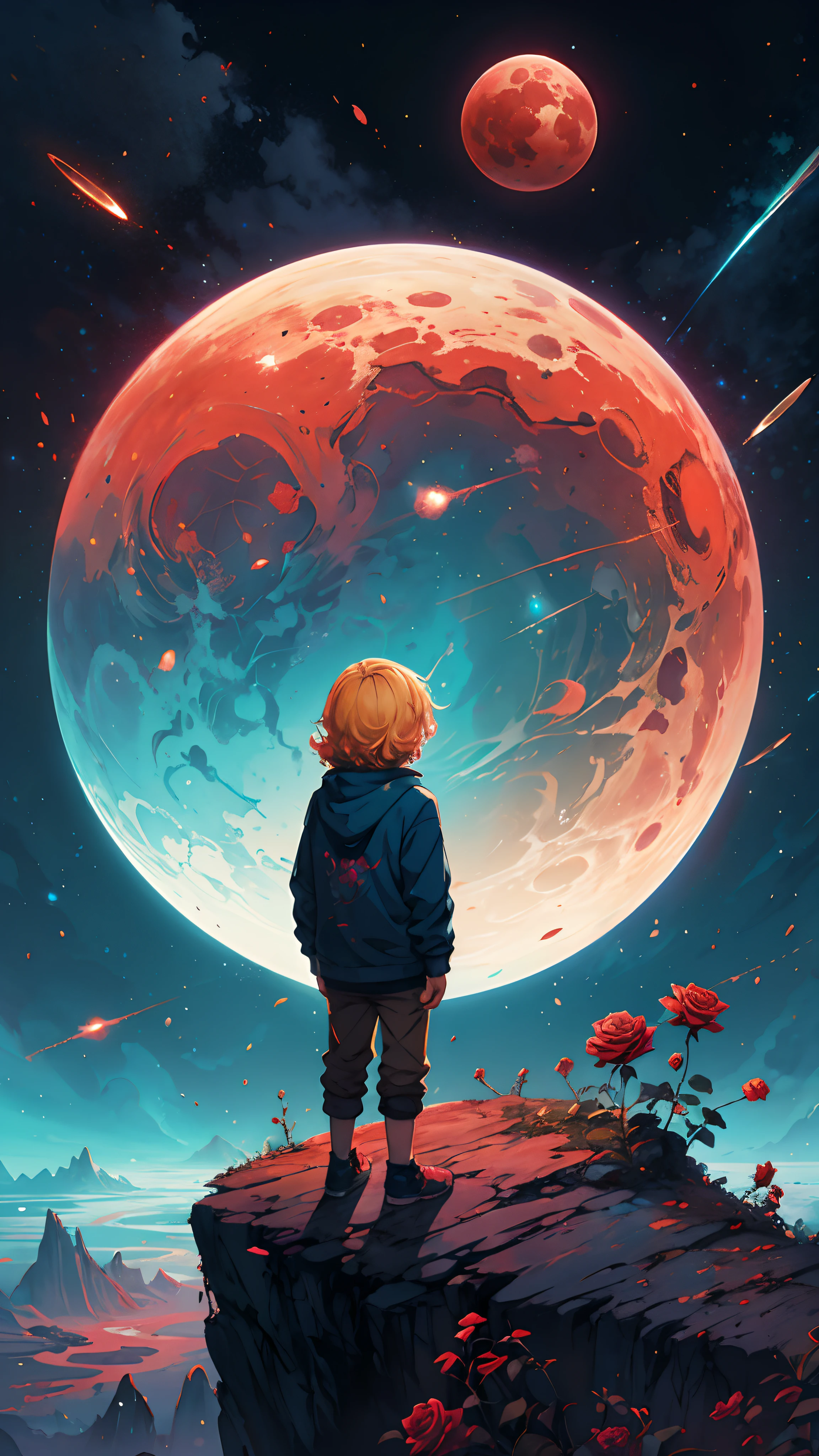 A boy with golden hair looking at the red planet with a red rose in his hand, inspired by Cyril Rolando, cyril rolando and goro fujita, in style of cyril rolando, beeple and jeremiah ketner, cyril rolando and m. w kaluta, cyril rolando and m.w kaluta, by Cyril Rolando