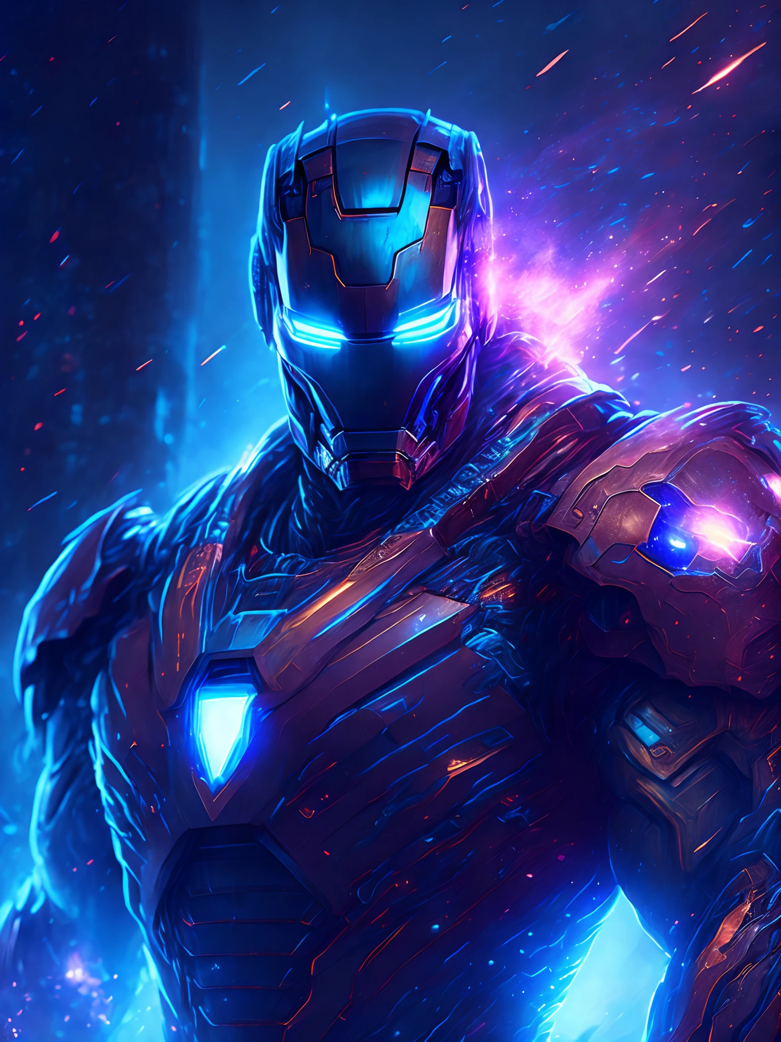gloomy portrait of Iron Man from Marvel, extremely detailed, futuristic cityscape, nighttime, glowing neon lights, smoke, sparks, metal shavings, flying debris, blue energy effects, volumetric light