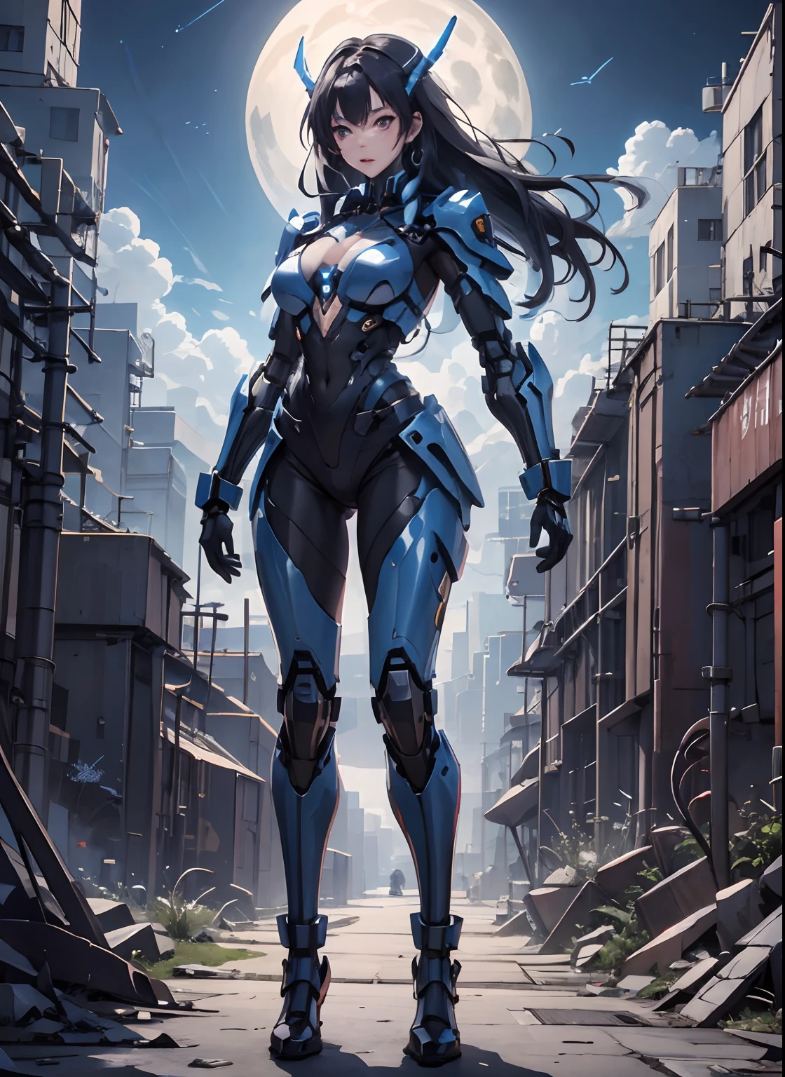 High definition (8k), Beautiful woman detailed defined body, bluish black hair, sexy full body pose wearing conan the barbarian cosplay, medium breasts, high tech blue uniform, cyberpunk, futuristic, scenery with night sky with clouds, moon,