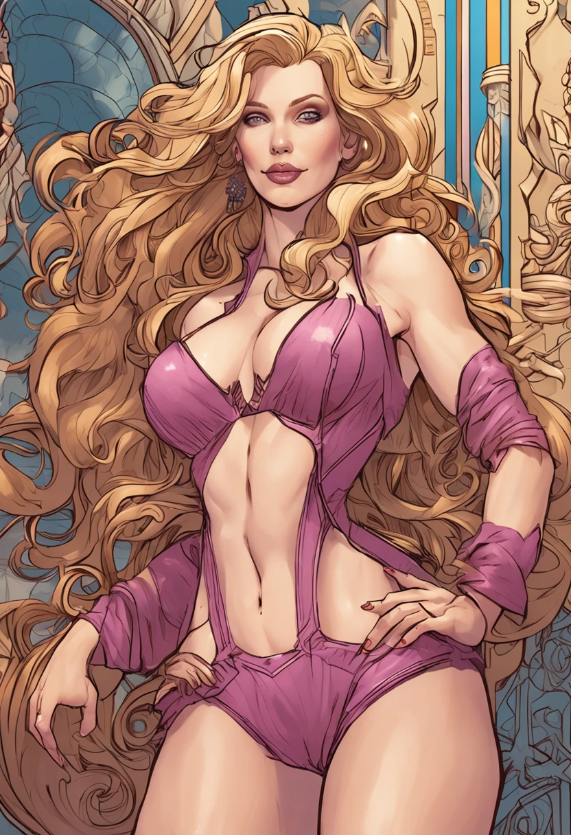 high-detail artwork, featuring a seductive and mature female character with long blonde hair, captivating purple eyes, and a tall stature. Emphasize the alluring attributes of thick thighs and large breasts, along with a completely nude body. Ensure the artwork is of the best quality, showcasing absurd levels of detail