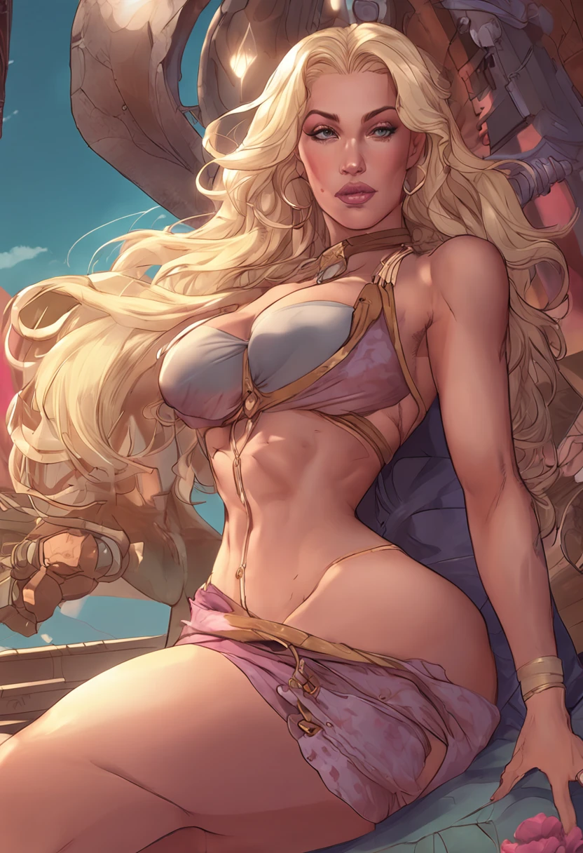 high-detail artwork, featuring a seductive and mature female character with long blonde hair, captivating purple eyes, and a tall stature. Emphasize the alluring attributes of thick thighs and large breasts, along with a completely nude body. Ensure the artwork is of the best quality, showcasing absurd levels of detail