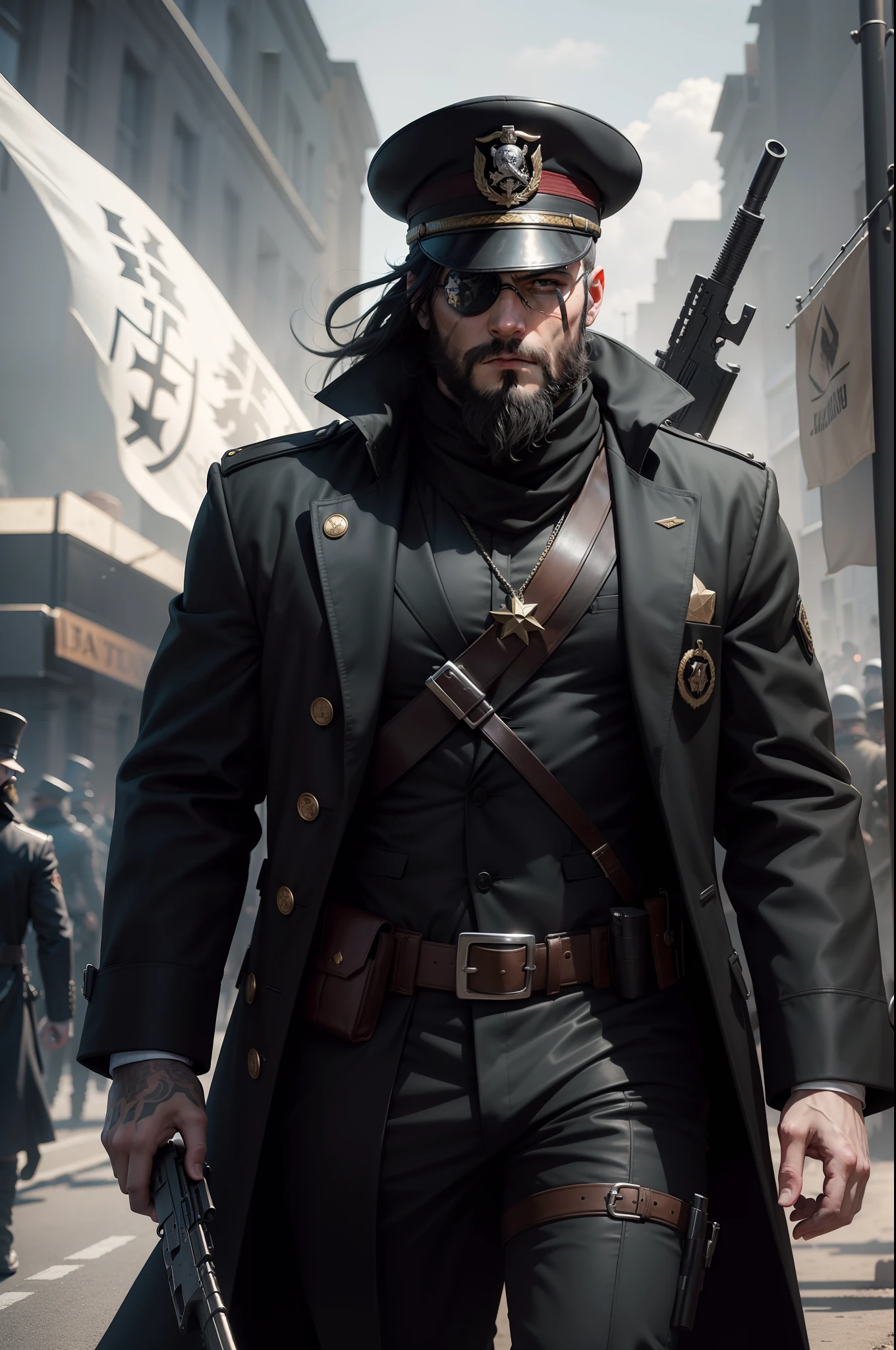 an adult male revolutionary leader wearing an eye patch on his left eye, wearing a long black coat, with a beard, carrying a gun, he will have an army behind him, charismatic, powerful and very dangerous