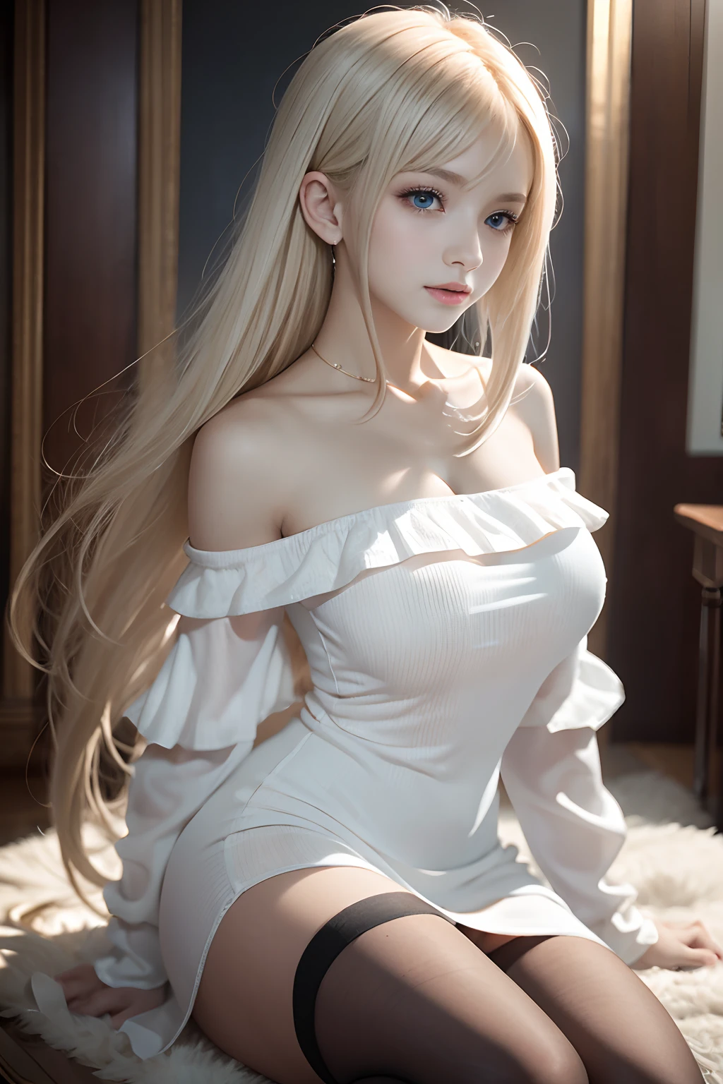 bright expression、Young shiny shiny white shiny skin、Best Looks、Blonde reflected light、Platinum blonde hair with dazzling highlights、shiny light hair,、Super long silky straight hair、Beautiful bangs that shine、Glowing crystal clear attractive big blue eyes、Very beautiful nice cute 16 year old girl、Lush bust,Beautiful detailed eyes, beautiful detailed nose,(( Full body:1.5)),Makeup that the eyes emphasize、,(Women like Joan of Arc)、Knights, ((Sword and scabbard:1.5)),Royal style,Comic style, , Sub-surface scattering, ornate detail, nature backdrop, Hyper-realistic, ((Cinematic)), Dramatic Lighting, masutepiece、((Off-the-shoulder white shirt dress:1.4))、((battle field))、(Loose and fluffy perm:1.4)、1 girl in、(Bob Hair)、Ultra realistic 8K CG, Picture-perfect face, flawless, clean, masutepiece, Professional artwork, famousartwork, Perfect face, Beautiful face, Beautiful eyes, ((Perfect female body)), Solo,(Immersive atmosphere, Chiaroscuro:1.5,Bright light:1.2,Luminous lighting)
,,(blush:0.5),fascinated expression,Extremely detailed_Eyes,thick thighs,Large breasts,
beautifullydetailedbackground,depth of fields,Realistic:1.3, longshot,Sitting, Full body,
(ambient lights:1.3),(Cinematic composition:1.3),(Neon light:0.1),(nffsw:0.1),Accent Lighting, White pantyhose,