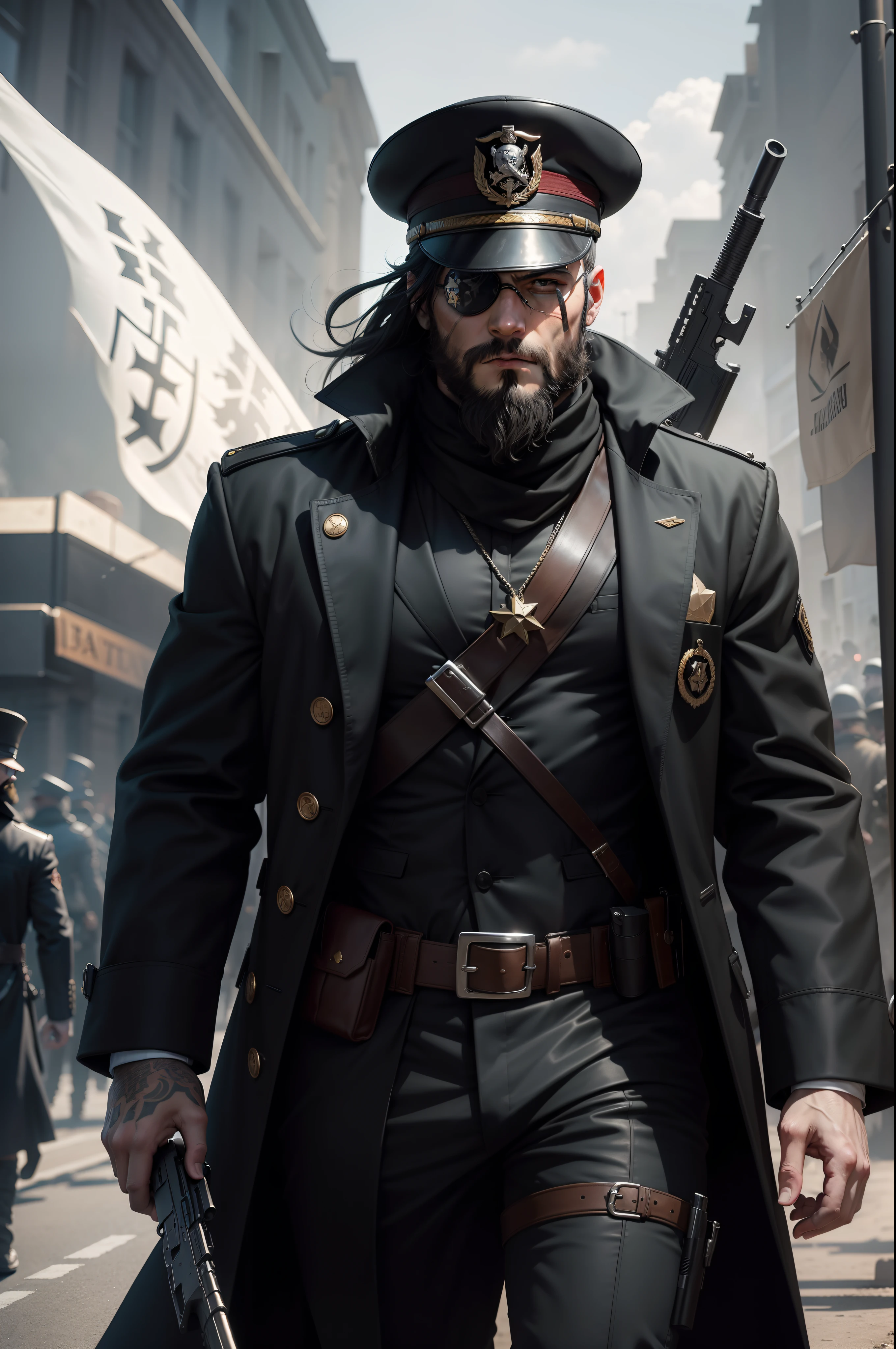 an adult male revolutionary leader wearing an eye patch on his left eye, wearing a long black coat, with a beard, carrying a gun, he will have an army behind him, charismatic, powerful and very dangerous