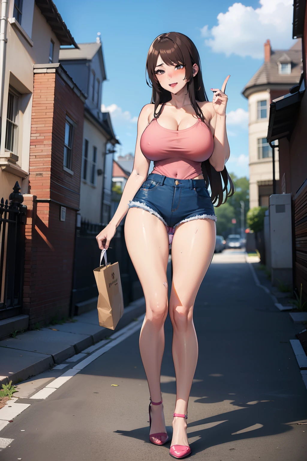 nfsw, masutepiece, Best Quality, High resolution, 1woman, house wife, city street, sunlight, blue sky, Full body, detail face, detail woman, detail hands, detail fingers, detail leg, , large , pink camisole, very short denim hot pants, brown hair, long hair,  , clothed, sweat, speak heart, aroused face, walking, slutty, (wearing  at  and Vibrator's holder at thigh), look at viewer