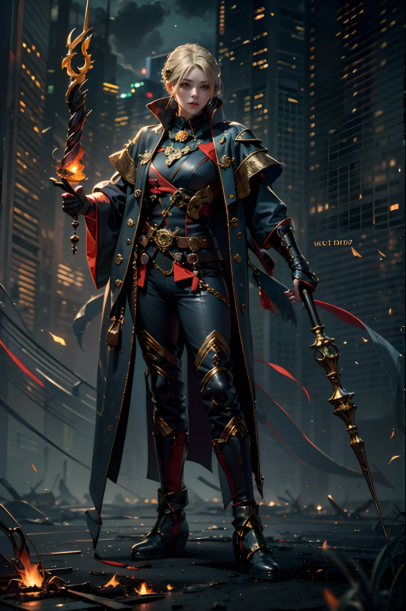 Cinematic image effects，Beautiful magician，Magic robes，Long staff，Fireball，a fireball，Murderous，（Full body like：1.4），combats，The city was destroyed，Dispersed crowds for their lives，blasts，fire glow，废墟，of a real，Facial features are carefully depicted，Realistic skin texture，Dark style，depth of fields，high light，Real light，Ray traching，oc rendered，Hyper-realistic，best qualtiy，8K，Works of masters，super-fine，Detailed pubic hair，Correct anatomy，sharp focus on eyes，Bokeh，Facial features are carefully depicted