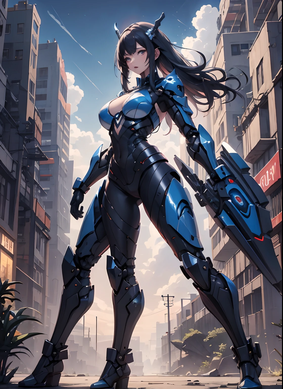 highes definition (8k), Linda mulher corpo definido detalhado, cabelos pretos azulado, Full body sexy pose using conan the barbarian cosplay, seios grandes, seios enormes, oppai, uniforme azul de alta tecnologia, cyberpunk, futurista, Scenery with night sky with clouds, lua,