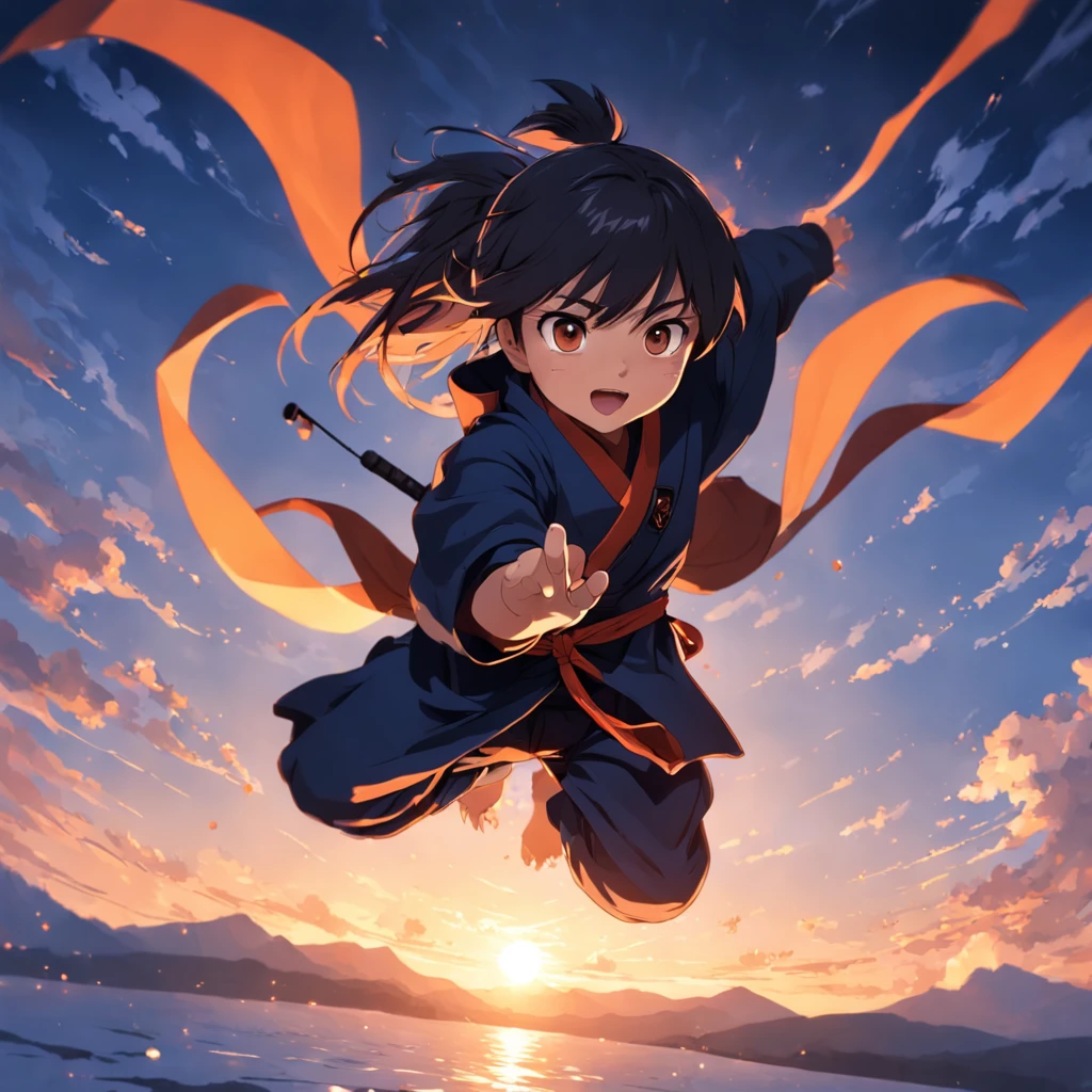 um ninja,obra-prima, melhor qualidade, filme ainda, 1girl, garota nuvem, floating into the sky, close-up, brilhante, feliz, Soft lighting and Warm, sun sunset, (Sparks: 0,7)