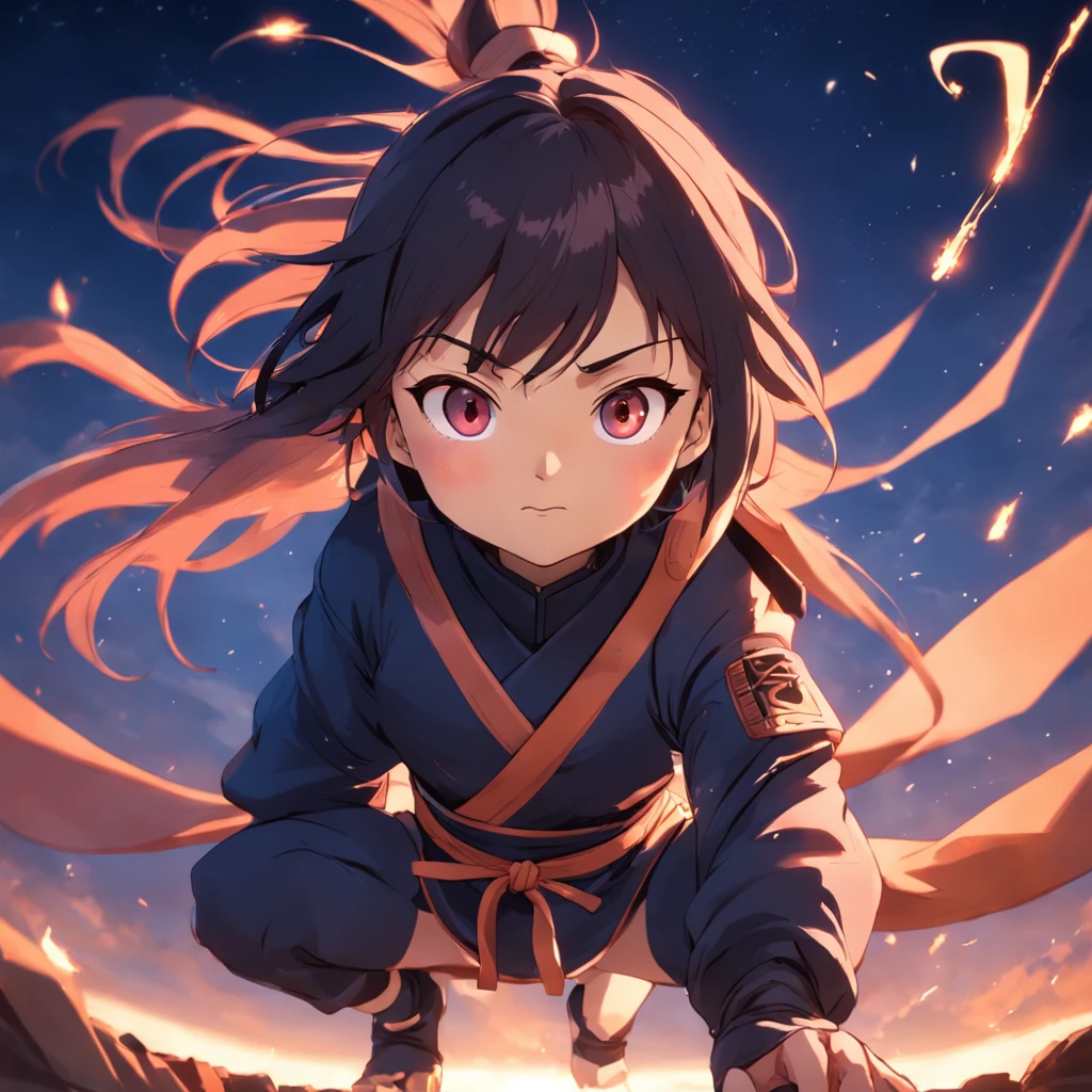 um ninja,obra-prima, melhor qualidade, filme ainda, 1girl, garota nuvem, floating into the sky, close-up, brilhante, feliz, Soft lighting and Warm, sun sunset, (Sparks: 0,7)