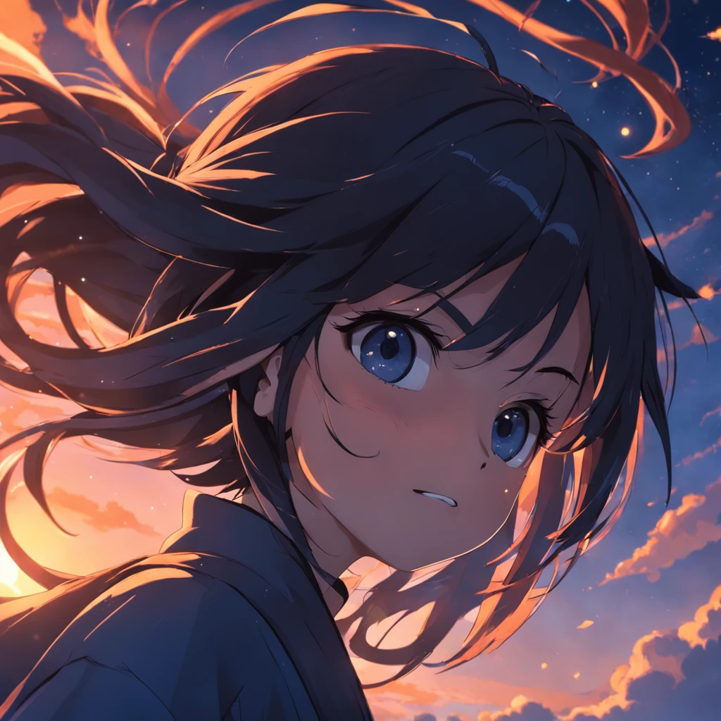 um ninja,obra-prima, melhor qualidade, filme ainda, 1girl, garota nuvem, floating into the sky, close-up, brilhante, feliz, Soft lighting and Warm, sun sunset, (Sparks: 0,7)