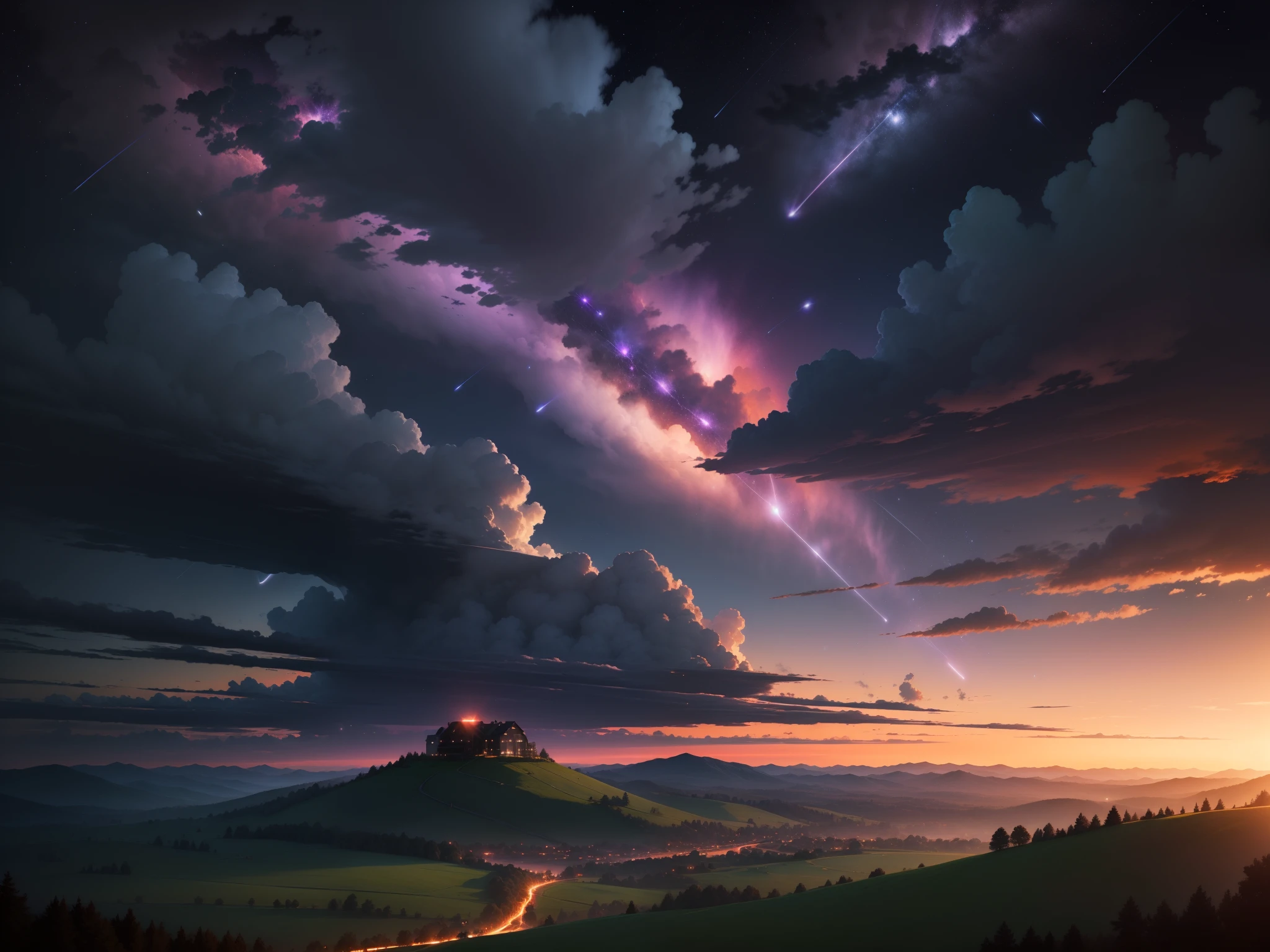 Purple sky,meteor shower,natta,hilltop,dark stormy clouds