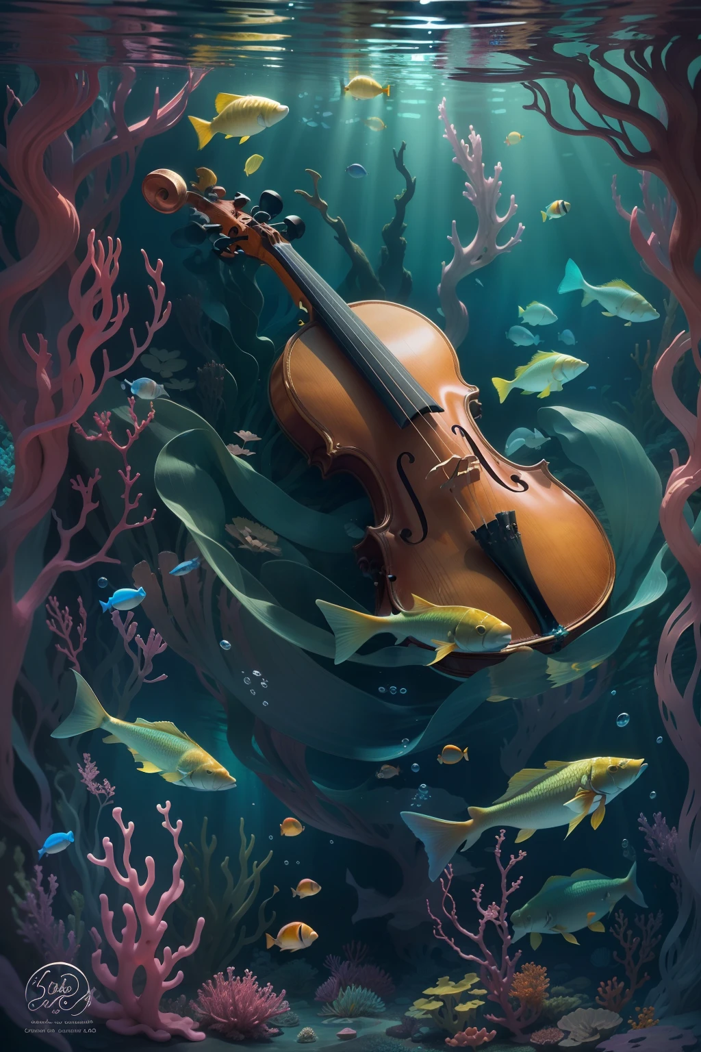 Conjure a captivating image of a violin resting peacefully beneath the surface of a tranquil underwater world. The violin's graceful curves are adorned with delicate tendrils of aquatic moss, lending an organic touch to the scene. Sunlight filters through the water, casting a soft, ethereal glow that dances upon the violin's polished surface.

A small school of colorful fish, drawn to the unexpected presence of this musical relic, gracefully swim around the violin. Their vibrant scales shimmer in the gentle currents, creating a mesmerizing play of colors against the serene blue backdrop.

The underwater environment is a delicate symphony of light and shadow, with refracted sunlight creating patterns that dance upon the sandy bed. Bubbles rise from nearby aquatic plants, adding to the sense of tranquility and movement in this underwater oasis.

This image captures a moment of enchantment, where the world of music and nature converge beneath the water's surface. The violin's silent presence speaks of stories untold, while the underwater flora and fauna add an extra layer of fascination. It's a glimpse into a world where art and nature intertwine in the most unexpected and beautiful ways. --ar 16:9 --v 5