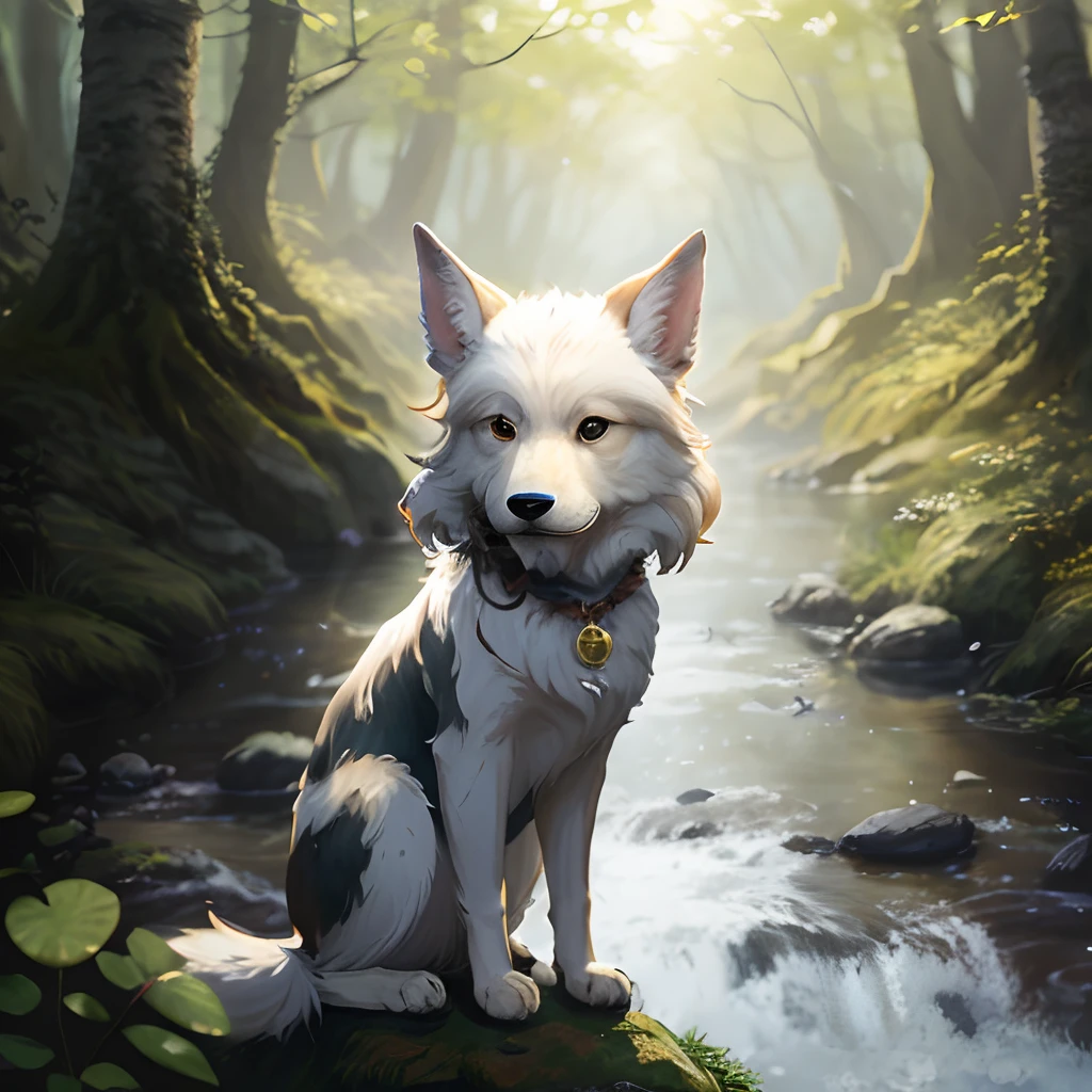 Draw a dog sitting on a stone in the forest, Soft hair，A small golden bell hangs around his neck，lovely digital painting, Cute detailed digital art, anthro art, high quality portrait, very very beautiful furry art, portrait of forest gog, highly realistic concept art, Detailed fanart, furry fantasy art, digital painting highly detailed, by Yang J, author：Jesper Ejsing, studio ghibly style mononoke