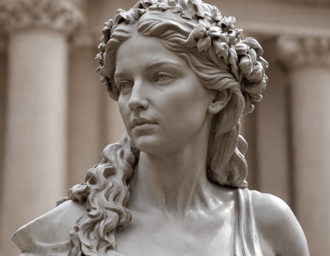 (Professional 3D rendering:1.3) de (Realistic:1.3) Foto de arte mais bonita do mundo，Statue woman alone with very beautiful muscle, barba e cabelos grandes, Greek statue style, imagem em escala cinza, in a position of grandeur, mostrando da cintura para cima