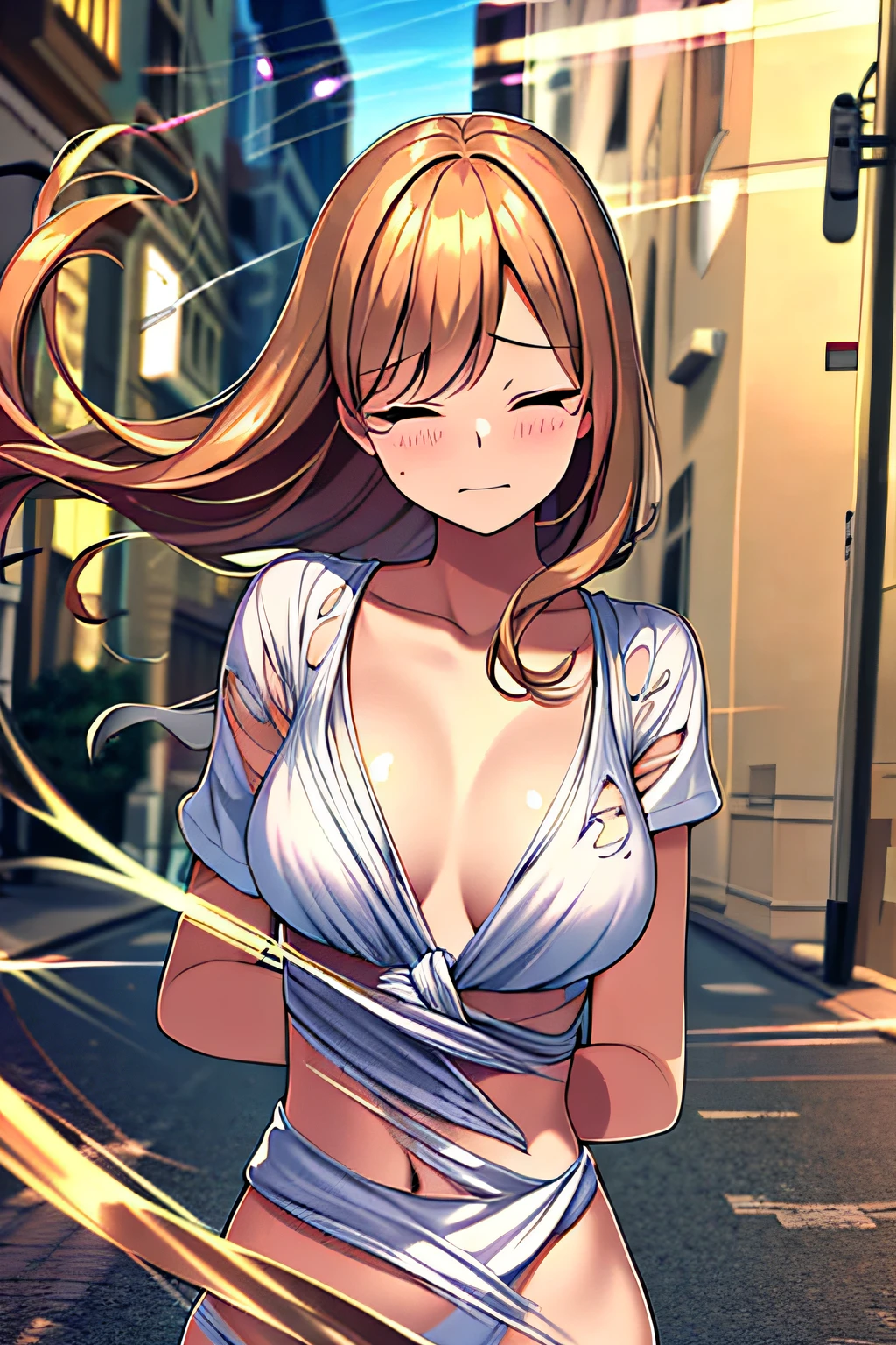 masterpiece, super detailed, best quality, beautiful girl, blouse, (sneezing:1.2), closed eyes, (torn clothes), city, (motion line)