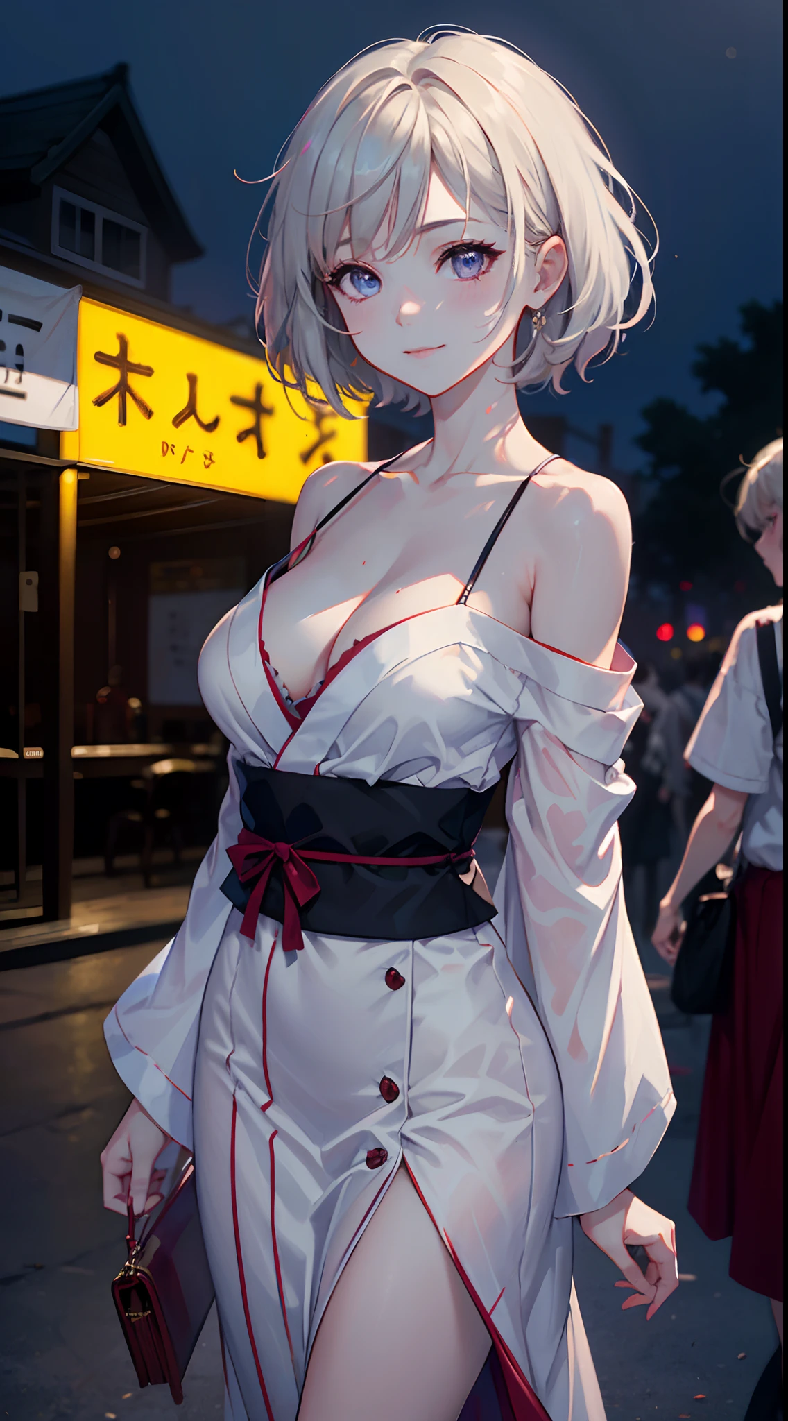 ((((masterpiece, best quality, high resolution)))), Extremely detailed 8K, Beautiful girl with slender body, (Ultra HD, Ultra-detailed, Highly detailed, Highly realistic, Ultra-realistic, photograph realistic), (1girl:1.5), (Realistic white hair), short wavy hair, bob cut, (dynamic poses), facing at camera, light smile, purple eyes, average breasts, (beautiful detailed face, beautiful detailed eyes), fluffy off-shoulder yukata, summer festival in background, cityscape scenery, street, night light, night time