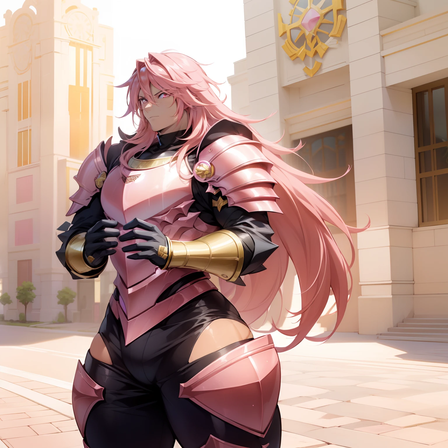 Anime, ((Solo 1Male)),((Long, hot Pink hair)), ((tanned Skin:0.e)), Knight,  ((Pink Armor with gold accents)), Handsome, beautiful,thick thighs  , Crusadermon, Massive Thighs, huge ass, High Aesthetic,masterpiece High quality