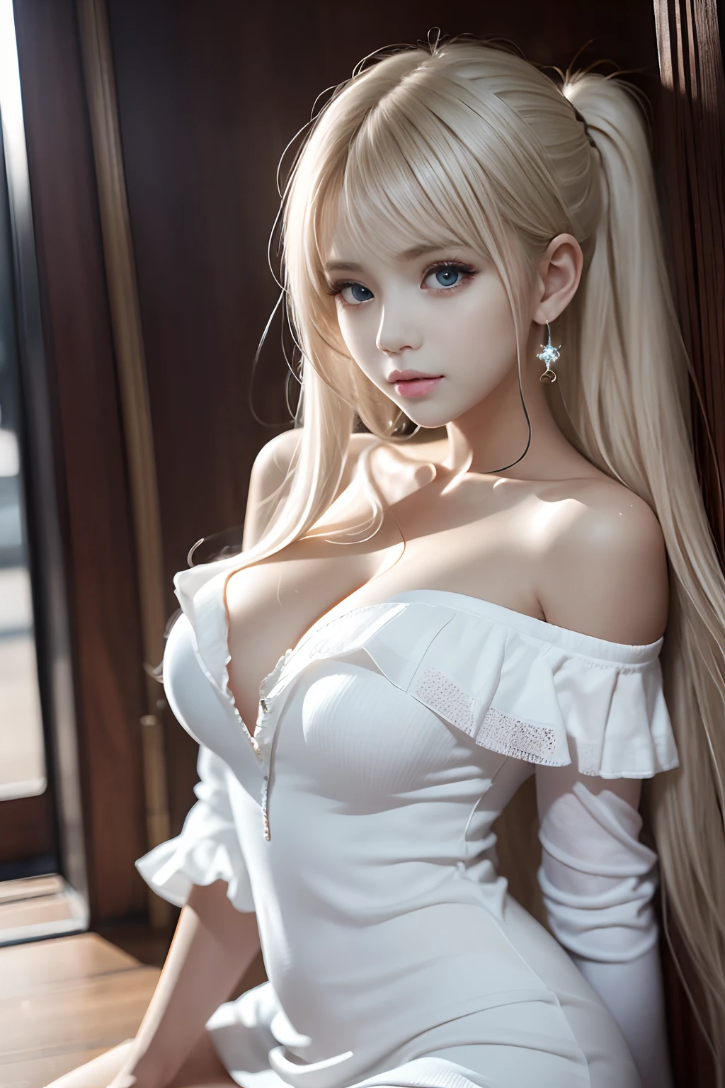 bright expression、Young shiny shiny white shiny skin、Best Looks、Blonde reflected light、Platinum blonde hair with dazzling highlights、shiny light hair,、Super long silky straight hair、Beautiful bangs that shine、Glowing crystal clear attractive big blue eyes、Very beautiful nice cute girl、Lush bust,Beautiful detailed eyes, beautiful detailed nose,(( Full body:1.5)),Makeup that the eyes emphasize、,(Women like Joan of Arc)、Knights, ((Sword and scabbard:1.5)),Royal style,Comic style, , Sub-surface scattering, ornate detail, nature backdrop, Hyper-realistic, ((Cinematic)), Dramatic Lighting, masutepiece、((Off-the-shoulder white shirt dress:1.4))、((battle field))、(Loose and fluffy perm:1.4)、1 girl in、(Bob Hair)、Ultra realistic 8K CG, Picture-perfect face, flawless, clean, masutepiece, Professional artwork, famousartwork, Perfect face, Beautiful face, Beautiful eyes, ((Perfect female body)), Solo,(Immersive atmosphere, Chiaroscuro:1.5,Bright light:1.2,Luminous lighting)
,,(blush:0.5),fascinated expression,Extremely detailed_Eyes,thick thighs,Large breasts,
beautifullydetailedbackground,depth of fields,Realistic:1.3, longshot,Sitting, Full body,
(ambient lights:1.3),(Cinematic composition:1.3),(Neon light:0.1),(nffsw:0.1),Accent Lighting, White pantyhose,