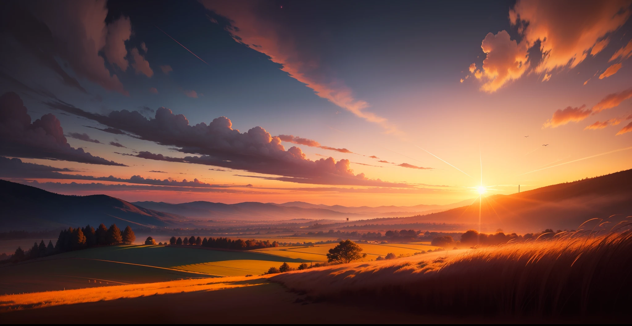 The twilight of the apocalypse，Dark red sky，The bird，grass field，hilly，suns