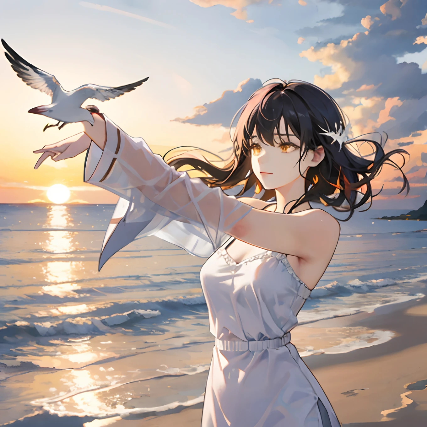 An absolutely mesmerizing sunset over the beach, with a blend of oranges, pinks, and yellows filling the sky. Crystal-clear waters of the sea gently kissing the shore, with sandy white beach stretching far and wide. The scene is dynamic and breathtaking, with seagulls soaring high in the sky and gently swaying palm trees. Take in the calming atmosphere and let the peacefulness wash over you.