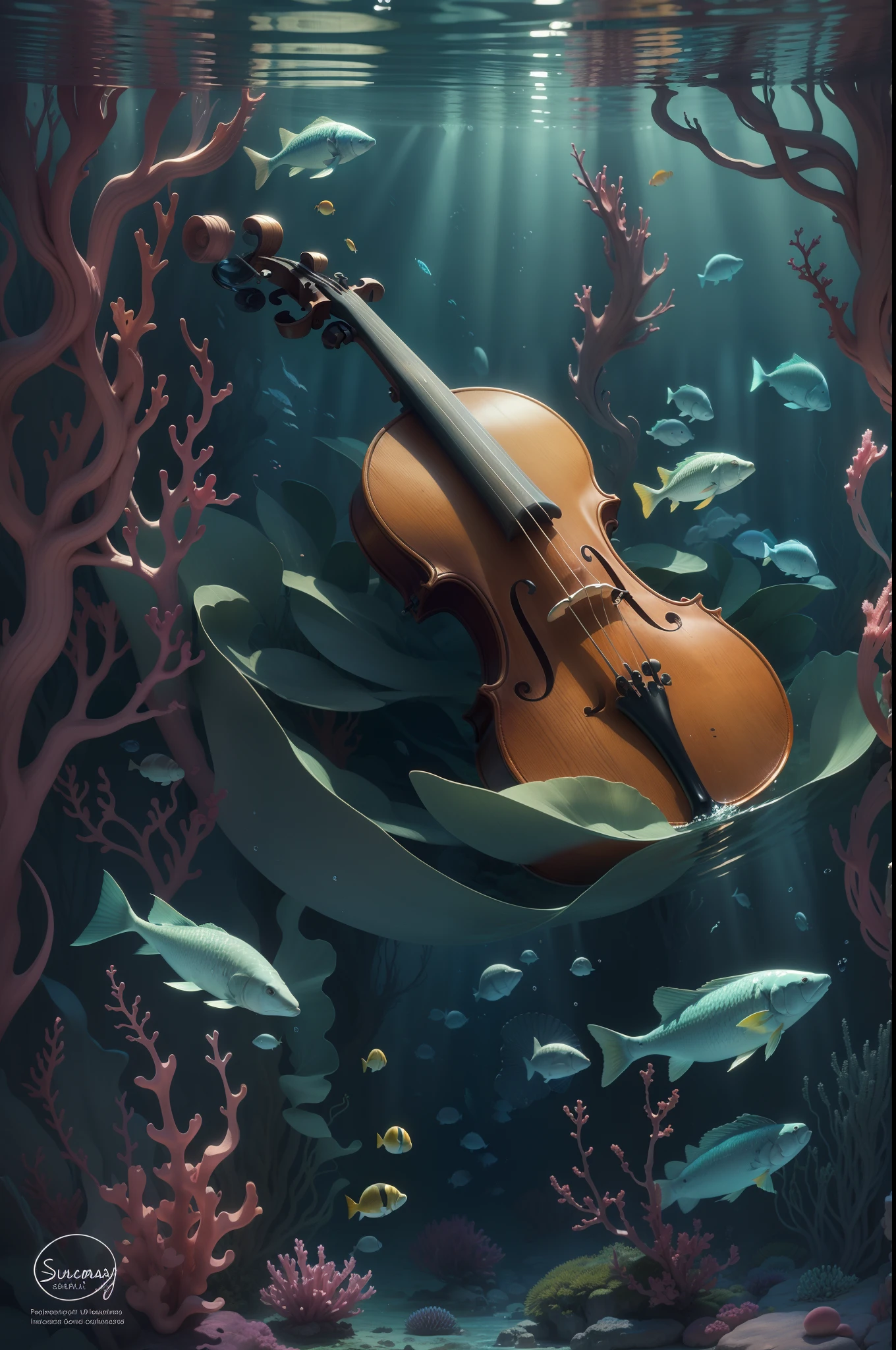 Conjure a captivating image of a violin resting peacefully beneath the surface of a tranquil underwater world. The graceful curves of the violin are adorned with delicate tendrils of aquatic moss, giving an organic touch to the scene. Sunlight filters through water, fundindo um suave, ethereal glow dancing on the polished surface of the violin.
Um pequeno cardume de peixes coloridos, attracted by the unexpected presence of this musical relic, nadar graciosamente ao redor do violino. Suas escamas vibrantes brilham nas correntes suaves, Creating a mesmerizing play of colors against the serene blue backdrop.
The underwater environment is a delicate symphony of light and shadow, with refracted sunlight creating patterns that dance on the sandy bed. Bubbles arise from nearby aquatic plants, increasing the sense of tranquility and movement in this underwater oasis. fotorealista,realistic with strong and eye-catching colors
This image captures a moment of enchantment, where the world of music and nature converge beneath the surface of the water. The silent presence of the violin speaks of untold stories, while underwater flora and fauna add an extra layer of allure. It's a glimpse into a world where art and nature intertwine in the most unexpected and beautiful ways. --AR 16:9 --V 5